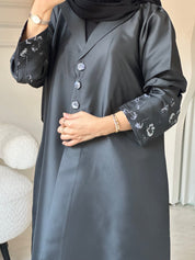 C 0823 - 02 Black Floral Printed Abaya