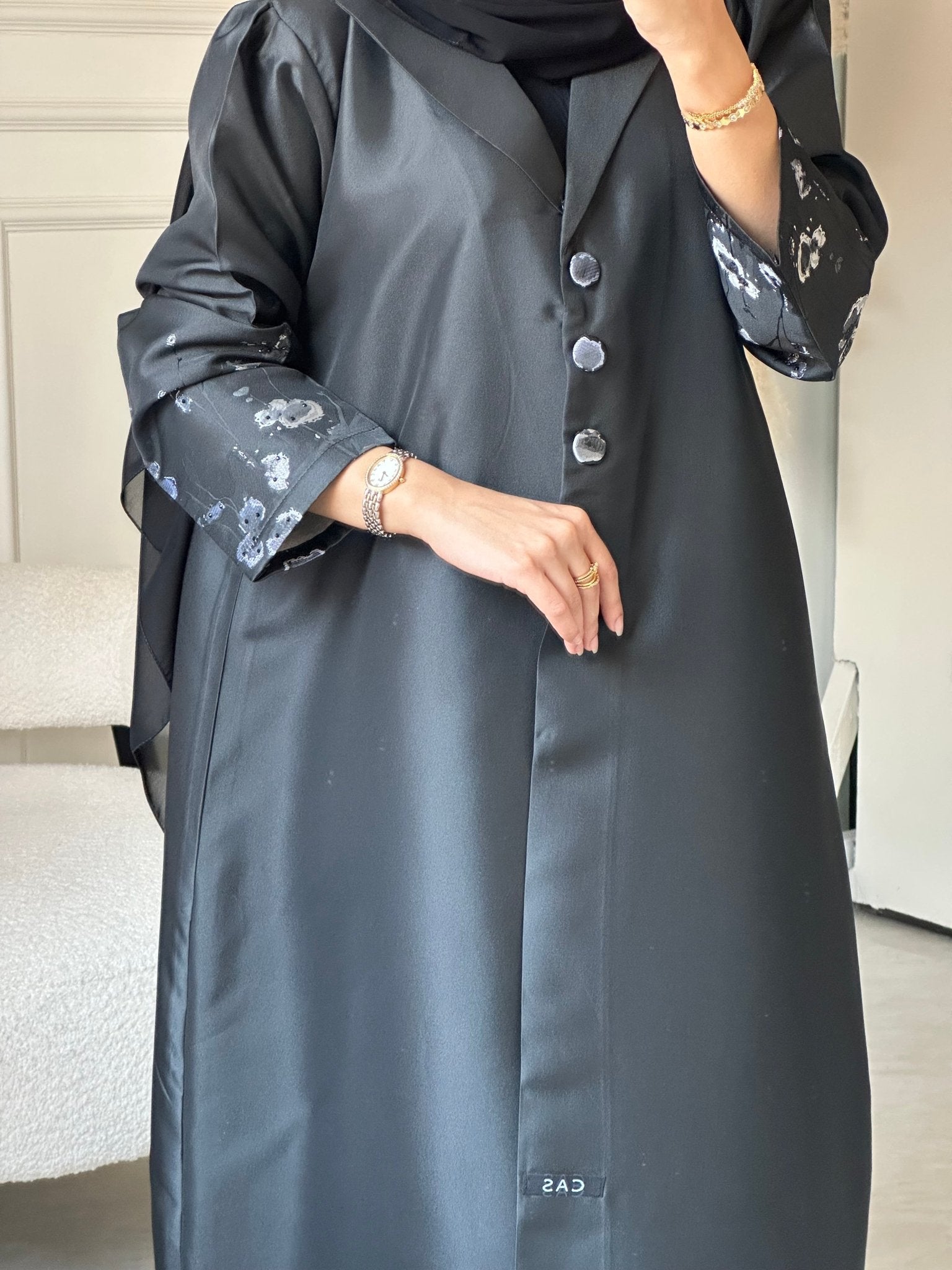 C 0823 - 02 Black Floral Printed Abaya