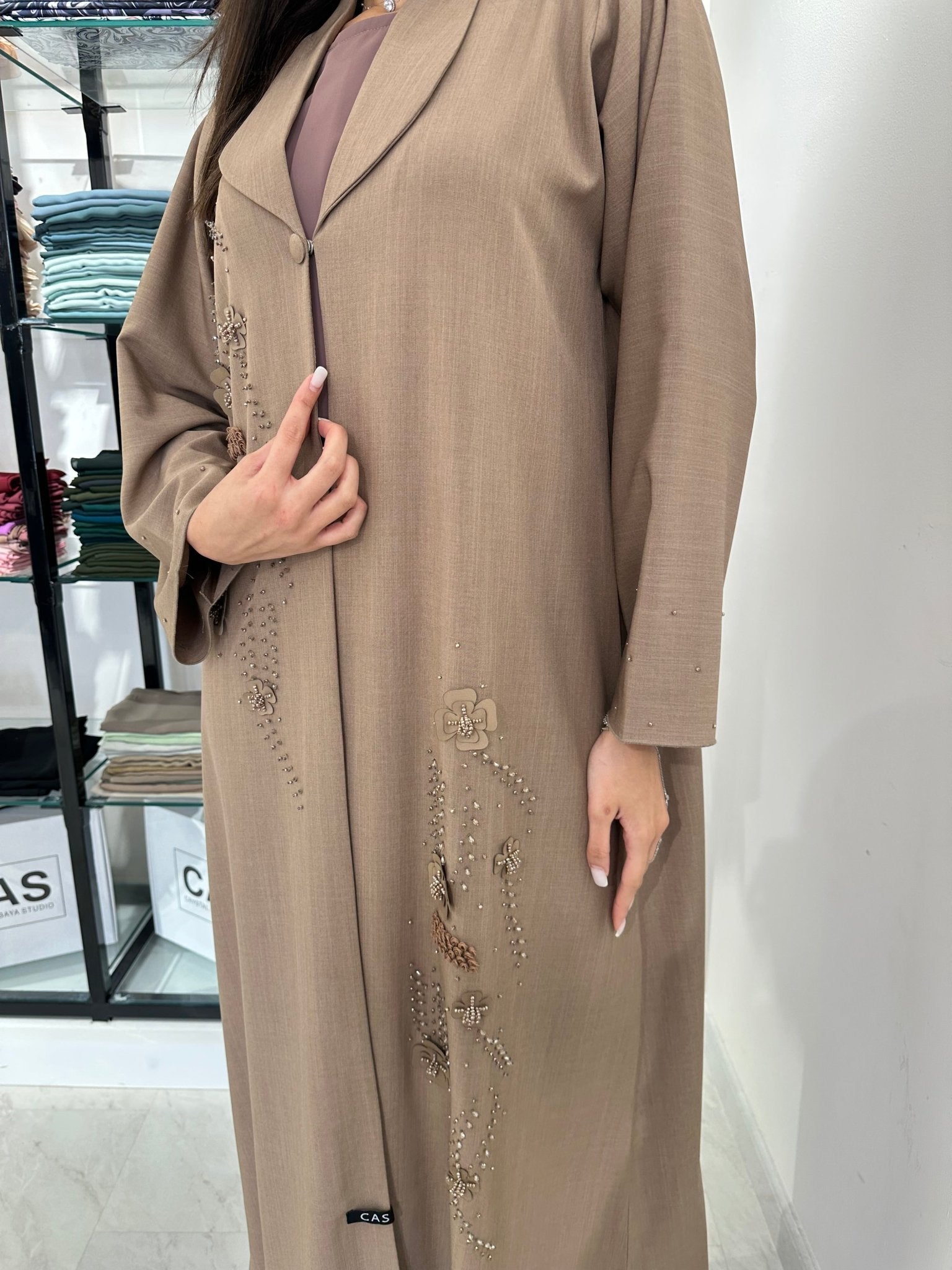 C 0829 Beige Coat Beaded Abaya