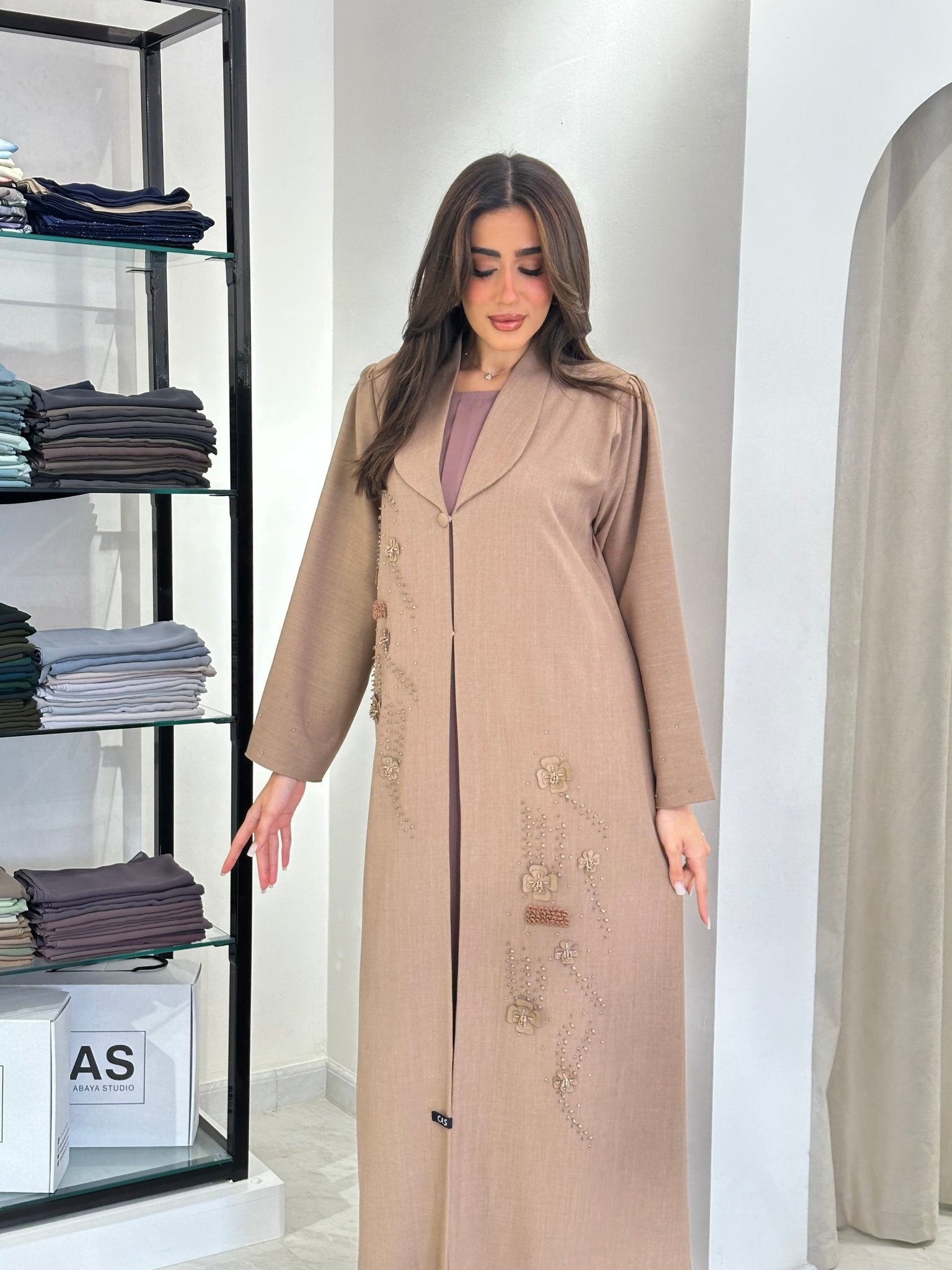 C 0829 Beige Coat Beaded Abaya