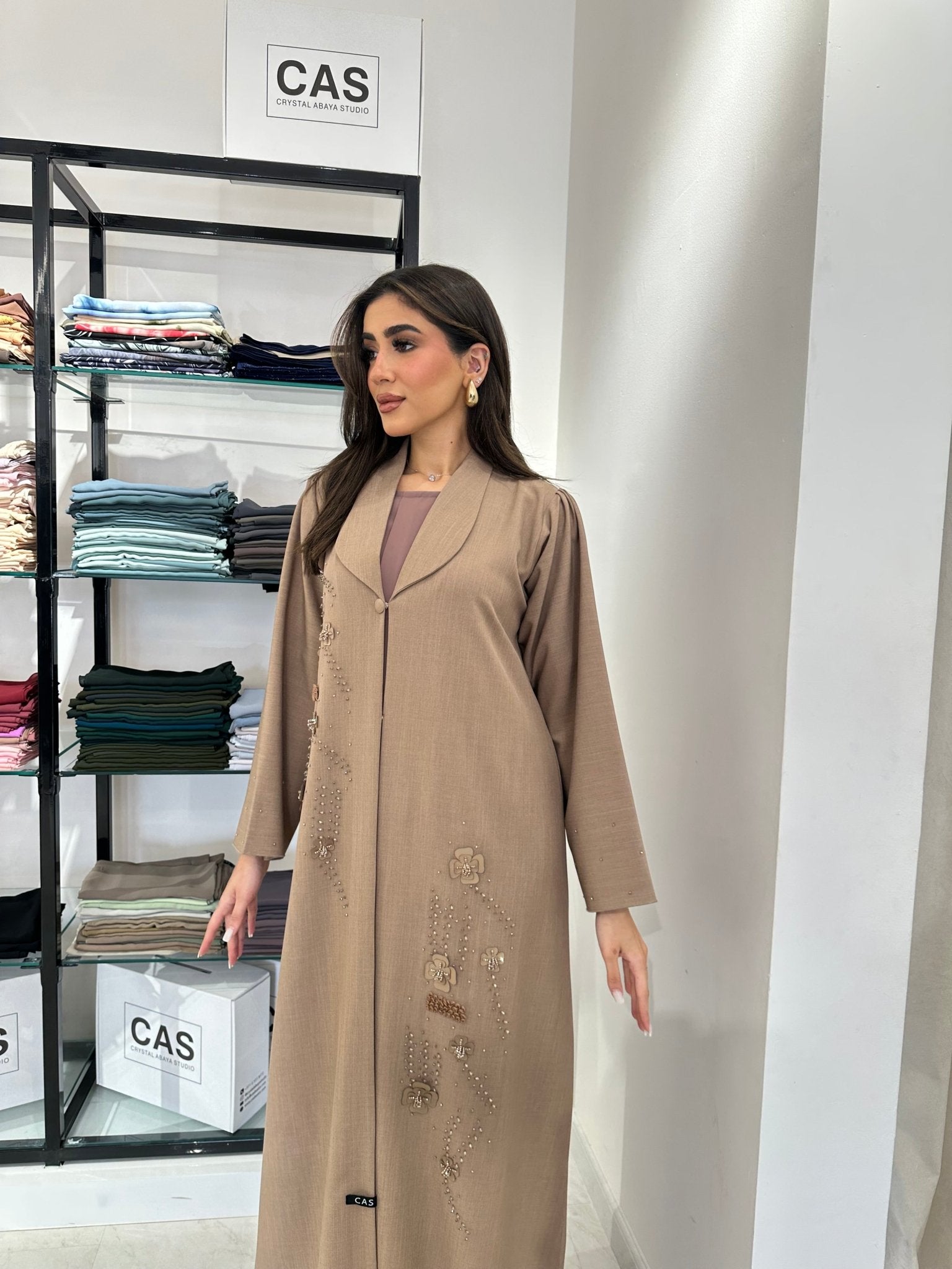 C 0829 Beige Coat Beaded Abaya