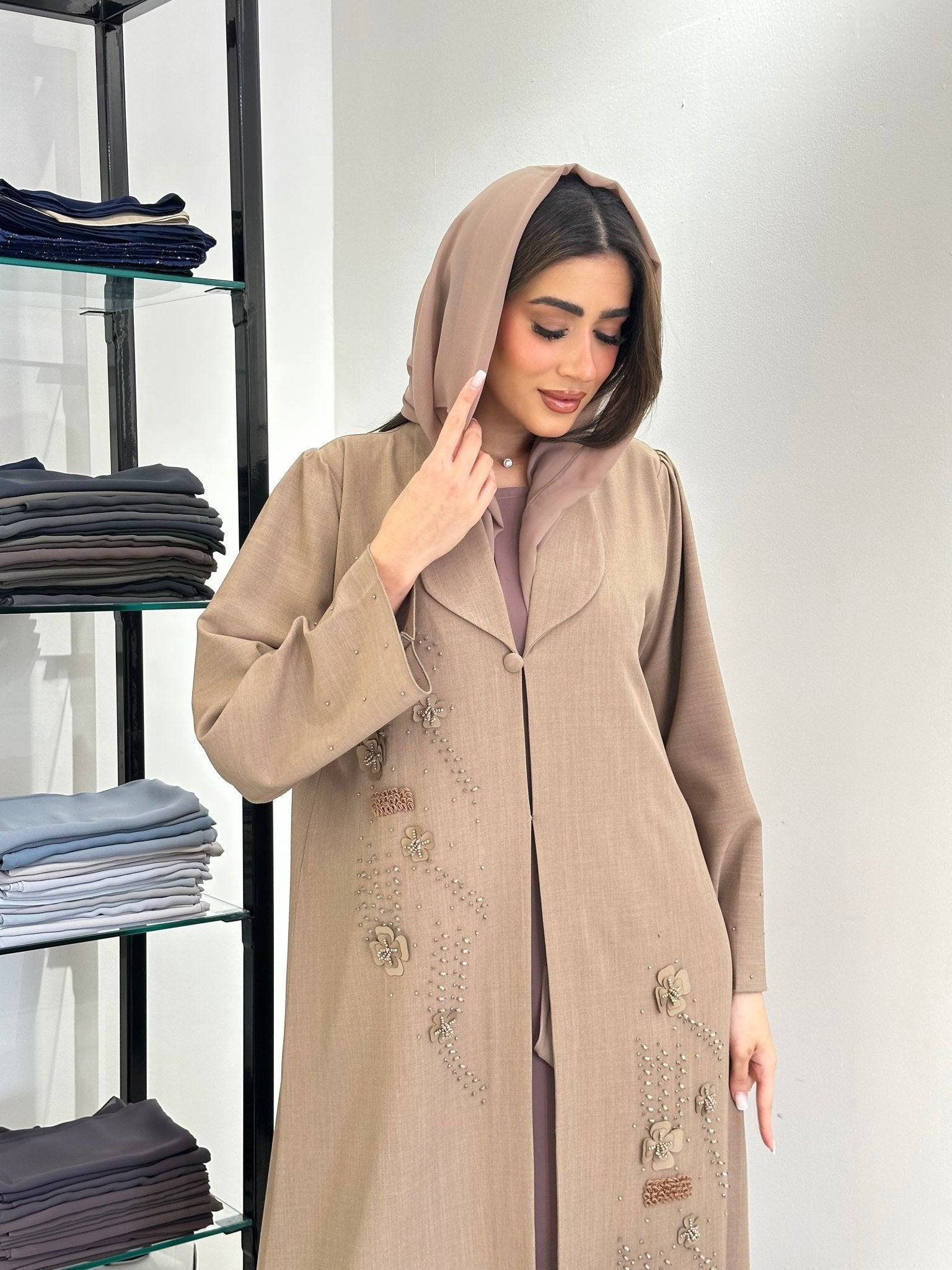 C 0829 Beige Coat Beaded Abaya