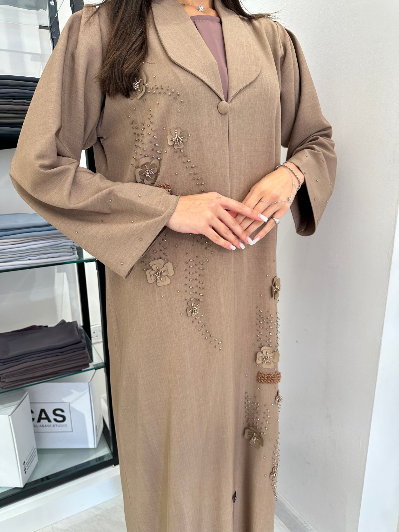 C 0829 Beige Coat Beaded Abaya