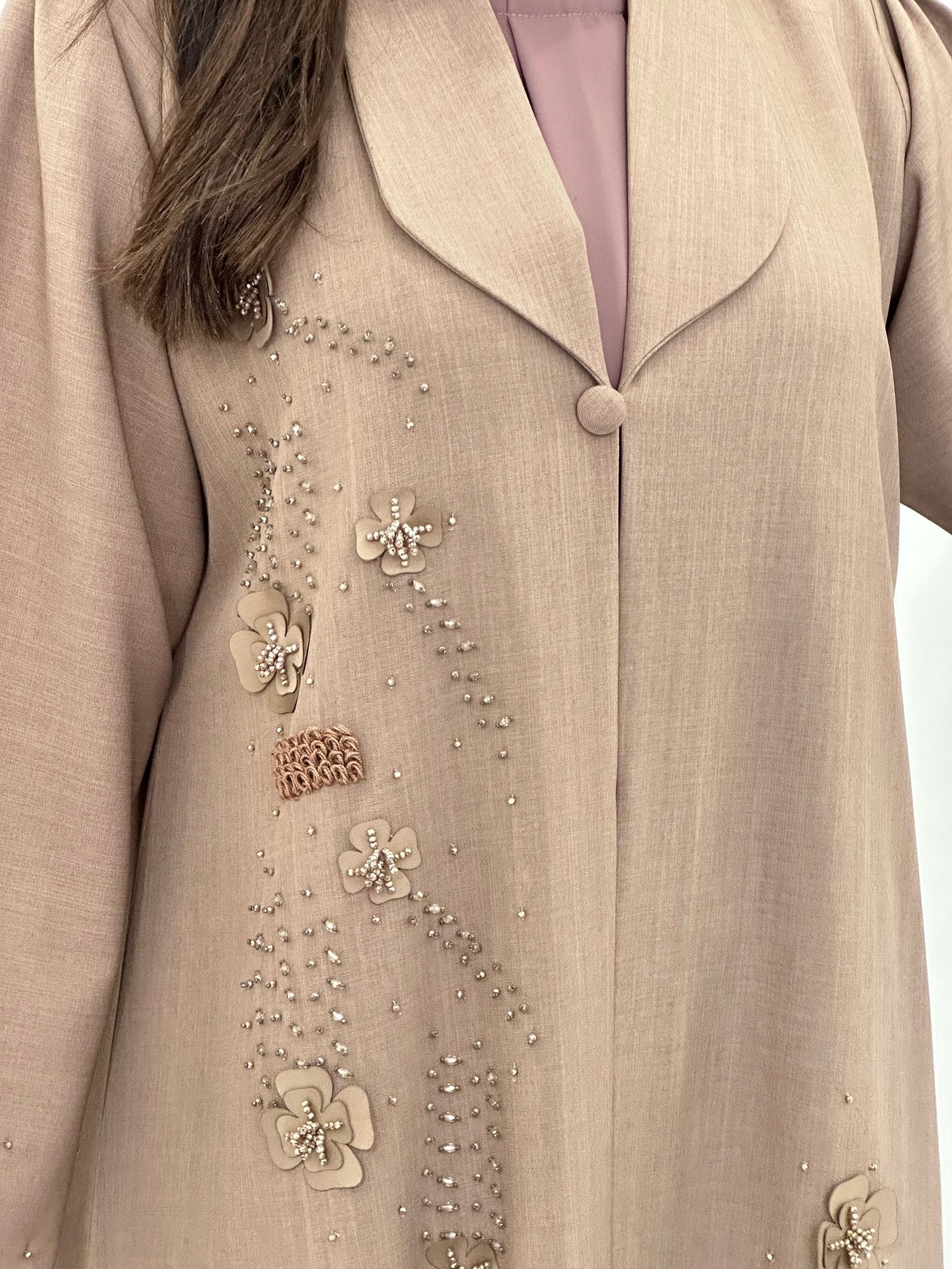 C 0829 Beige Coat Beaded Abaya