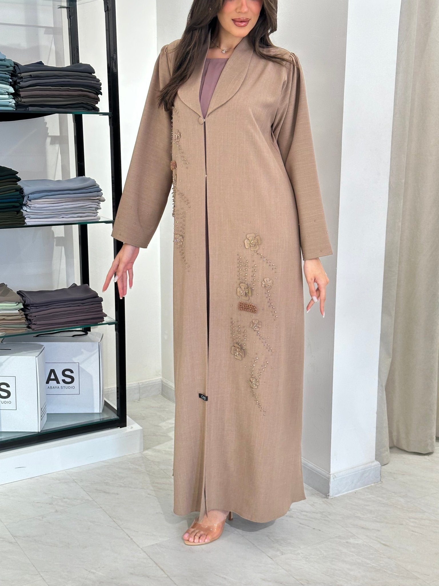 C 0829 Beige Coat Beaded Abaya