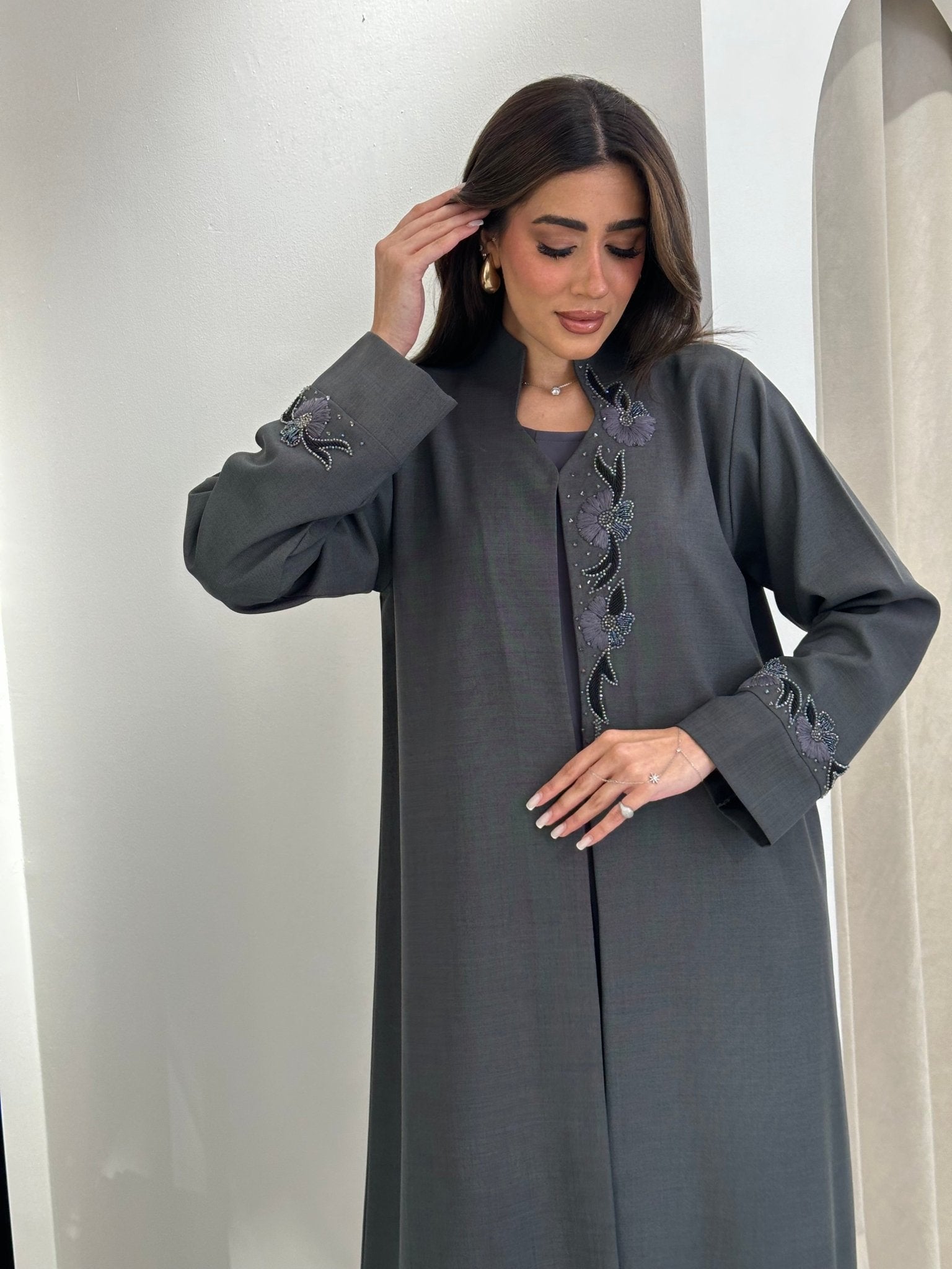 C 0832 Grey Embroidered Abaya