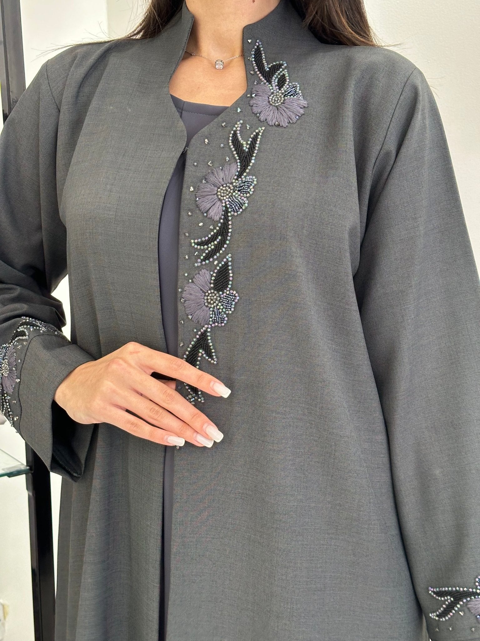 C 0832 Grey Embroidered Abaya