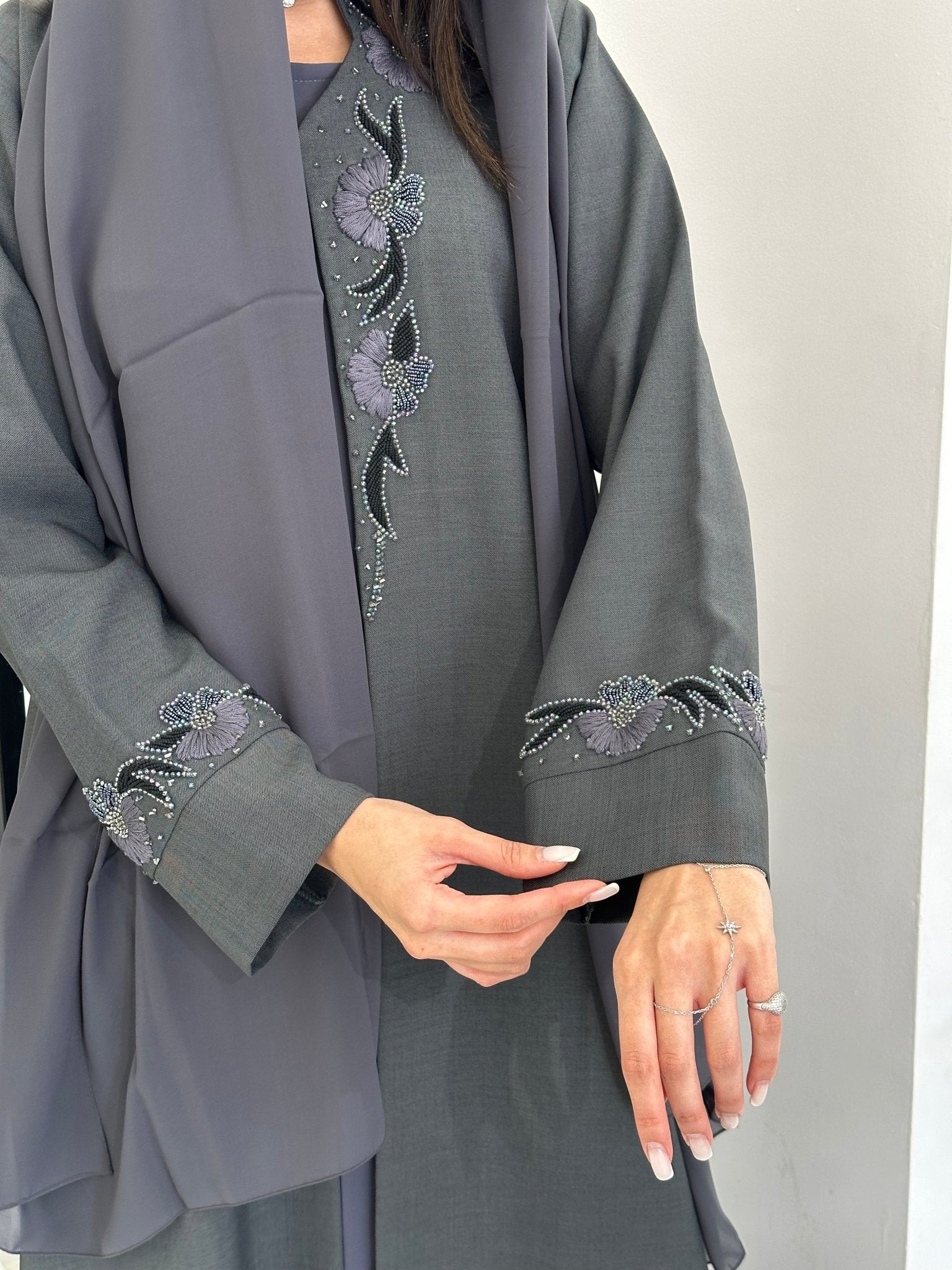 C 0832 Grey Embroidered Abaya