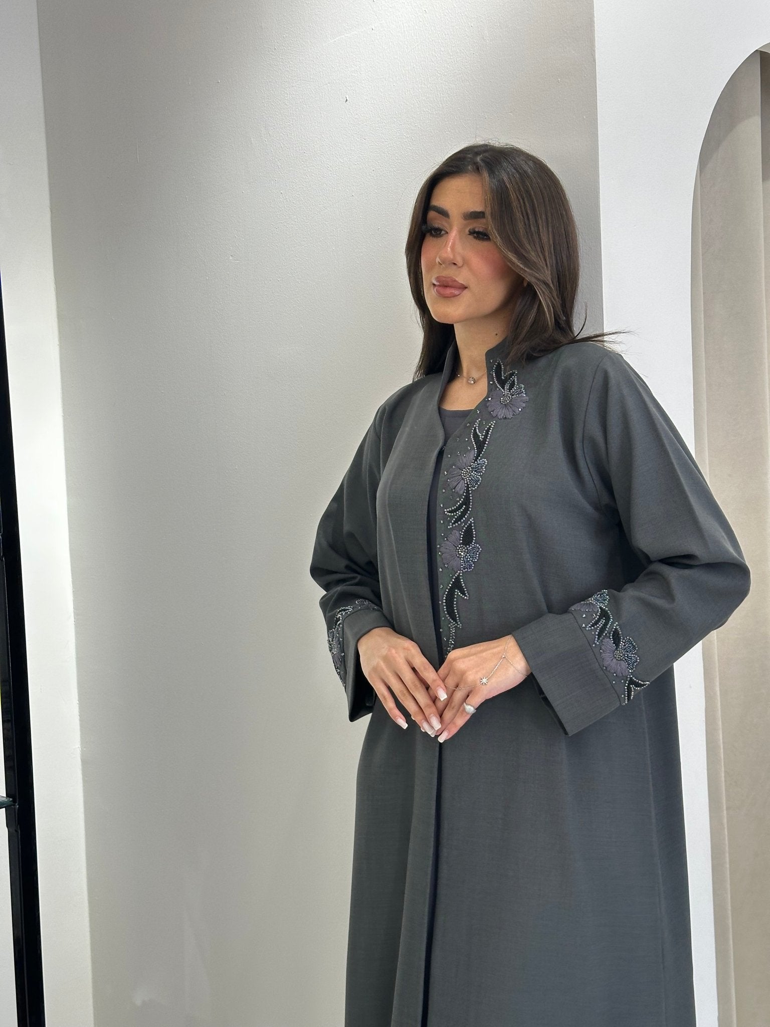 C 0832 Grey Embroidered Abaya