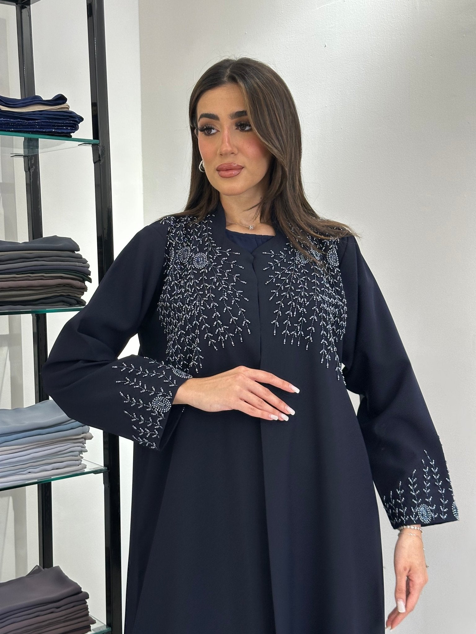 C 0834 Navy Blue Beaded Abaya