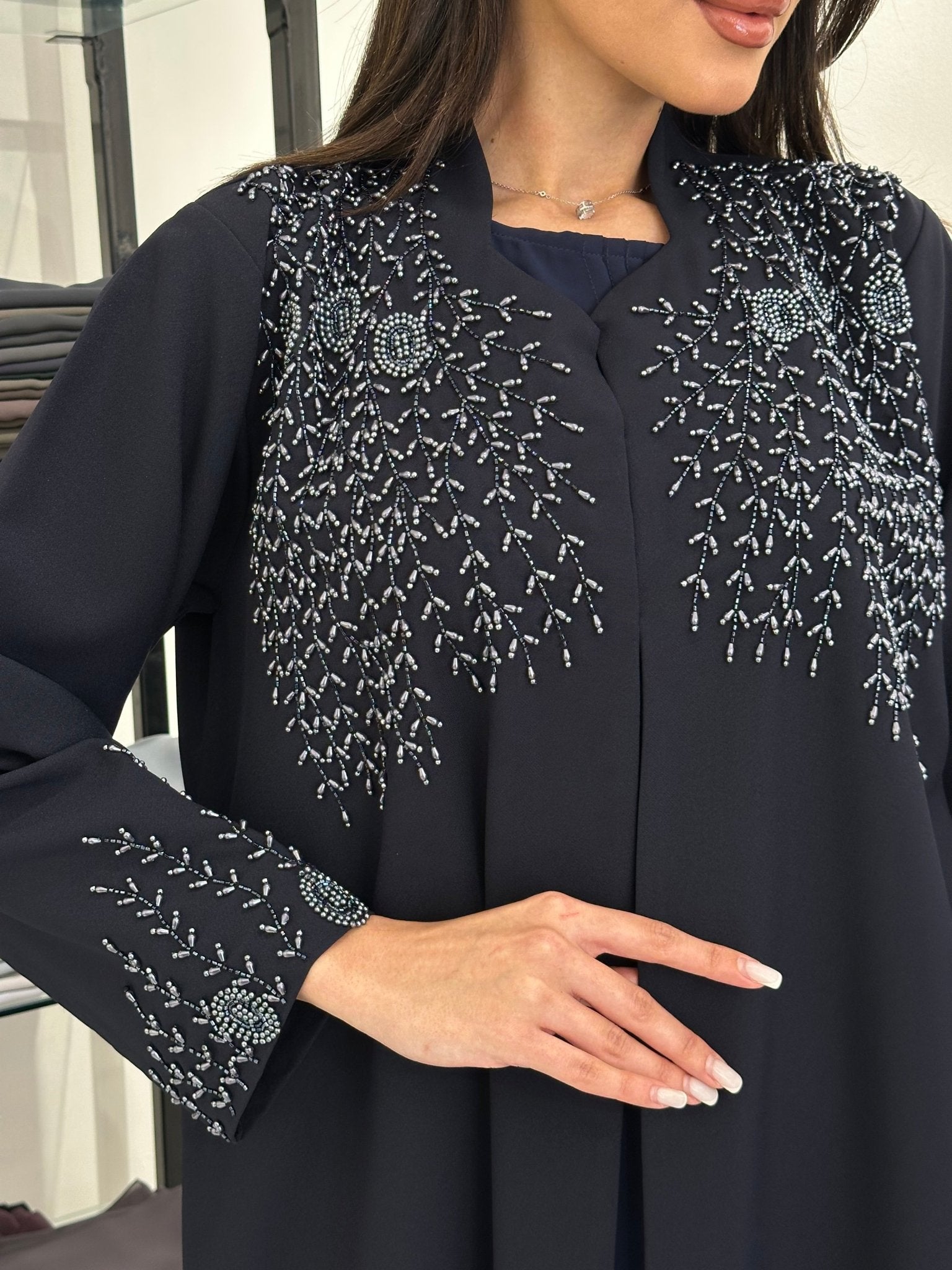 C 0834 Navy Blue Beaded Abaya