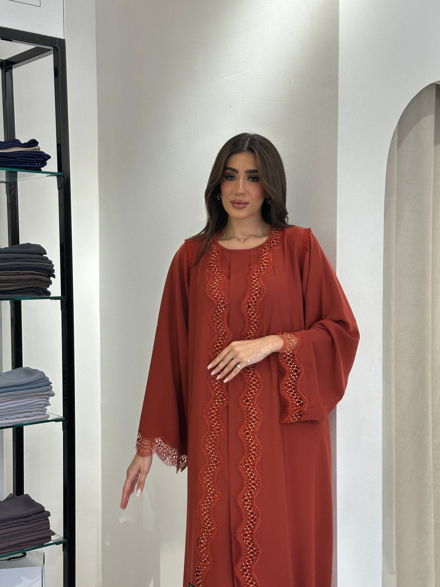 C 0835 Orange Lace Abaya Set