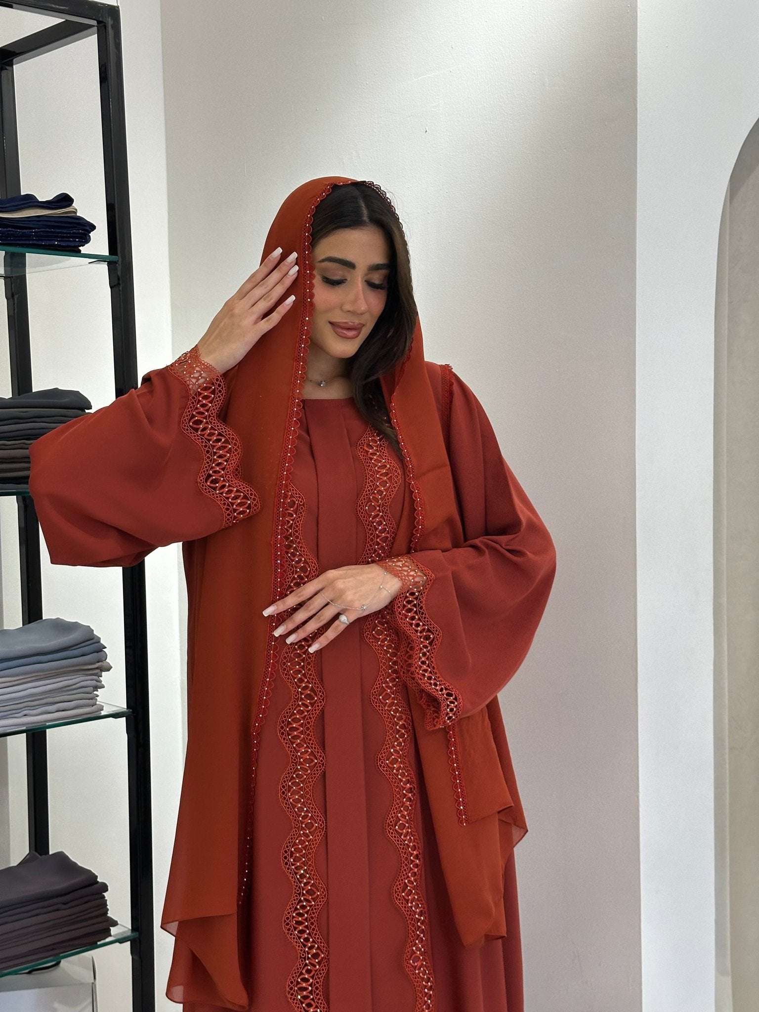 C 0835 Orange Lace Abaya Set