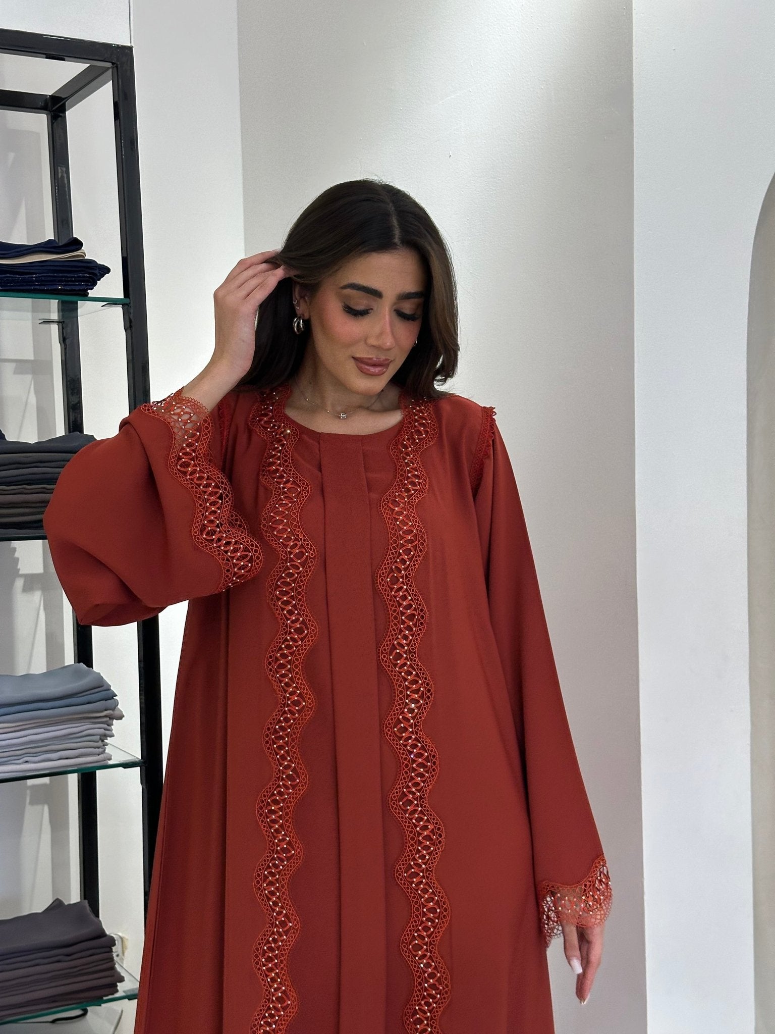 C 0835 Orange Lace Abaya Set