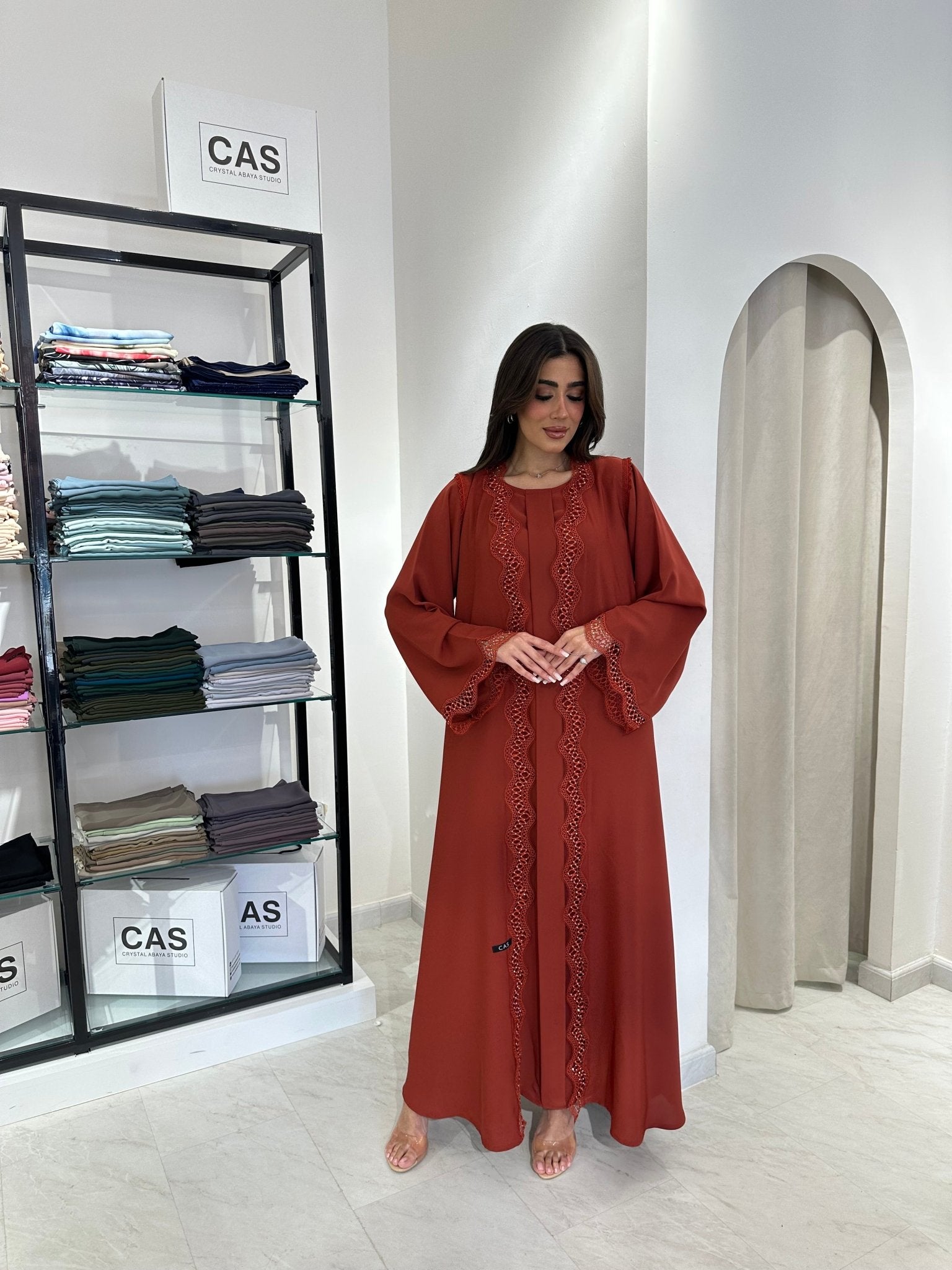 C 0835 Orange Lace Abaya Set