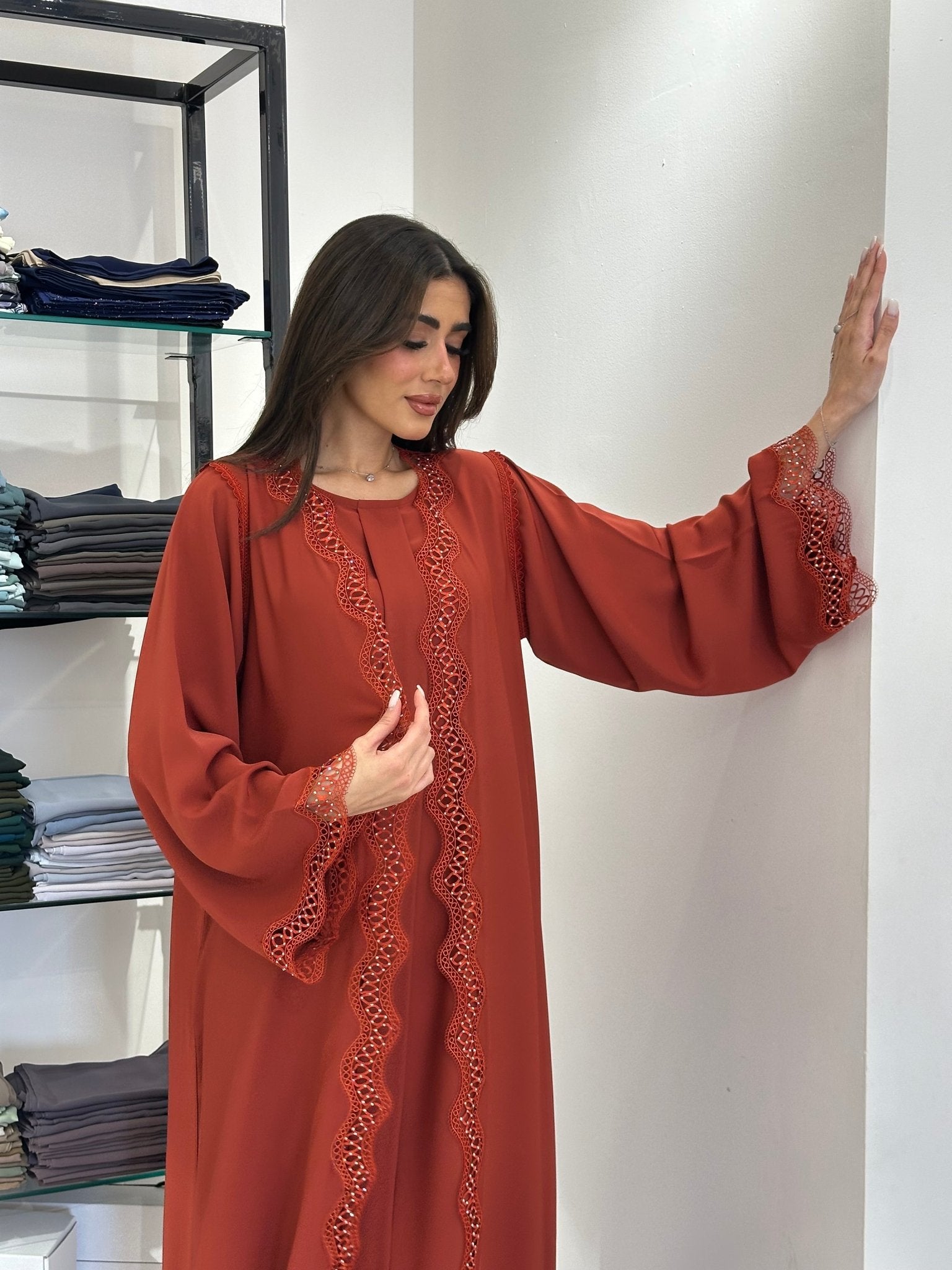 C 0835 Orange Lace Abaya Set