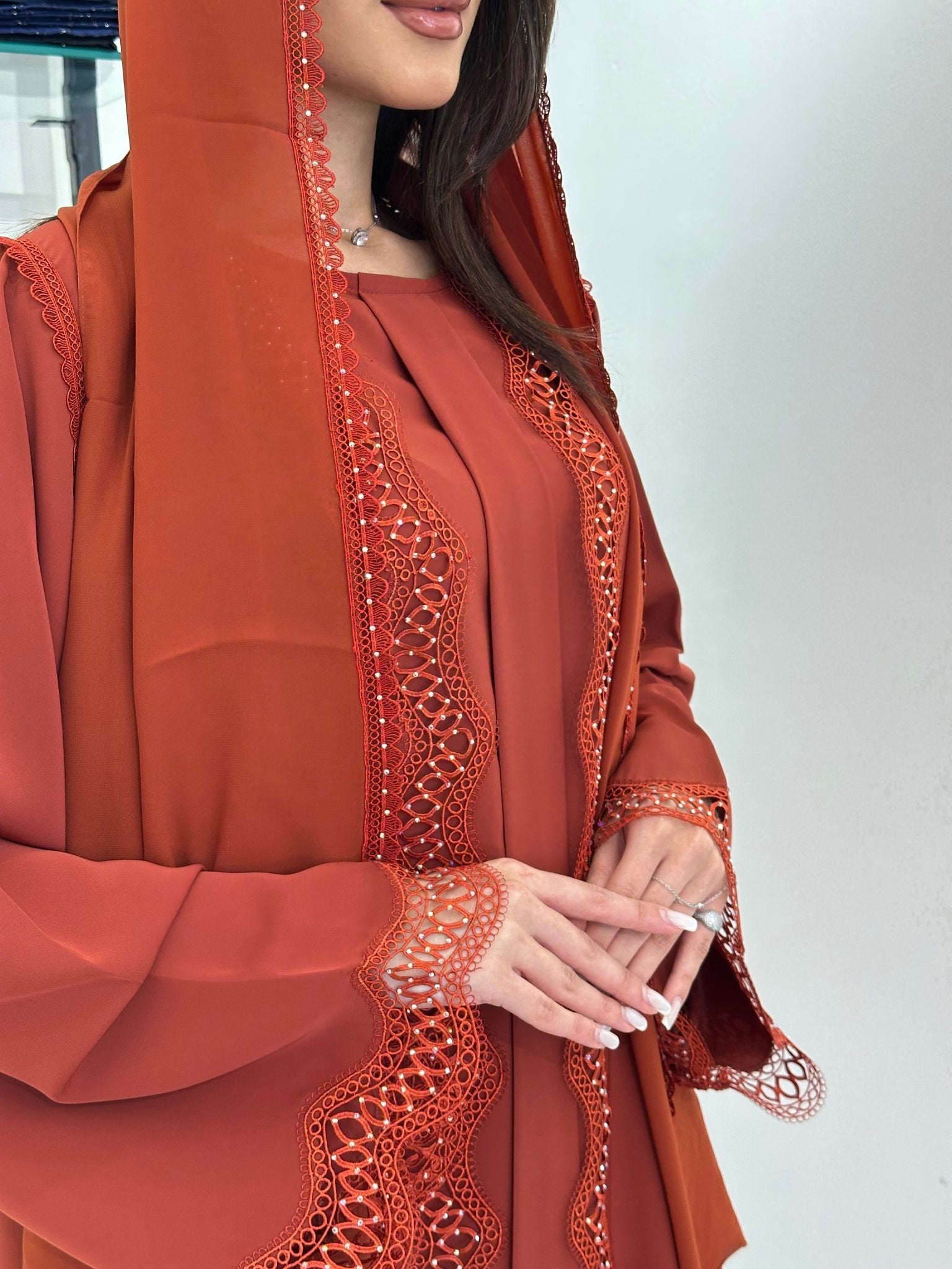 C 0835 Orange Lace Abaya Set