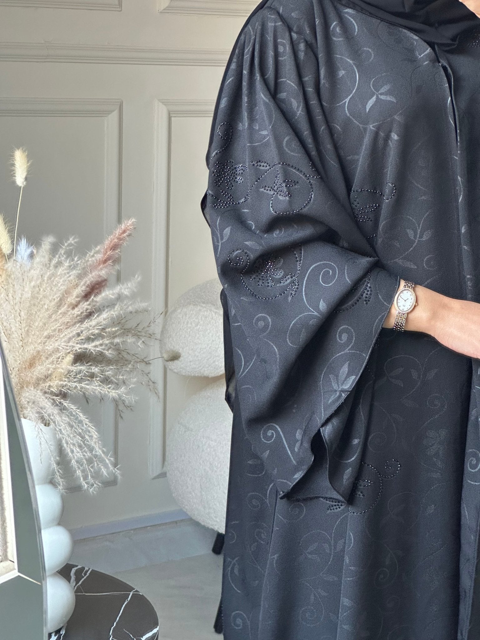 C 0849 Black Floral Printed Abaya