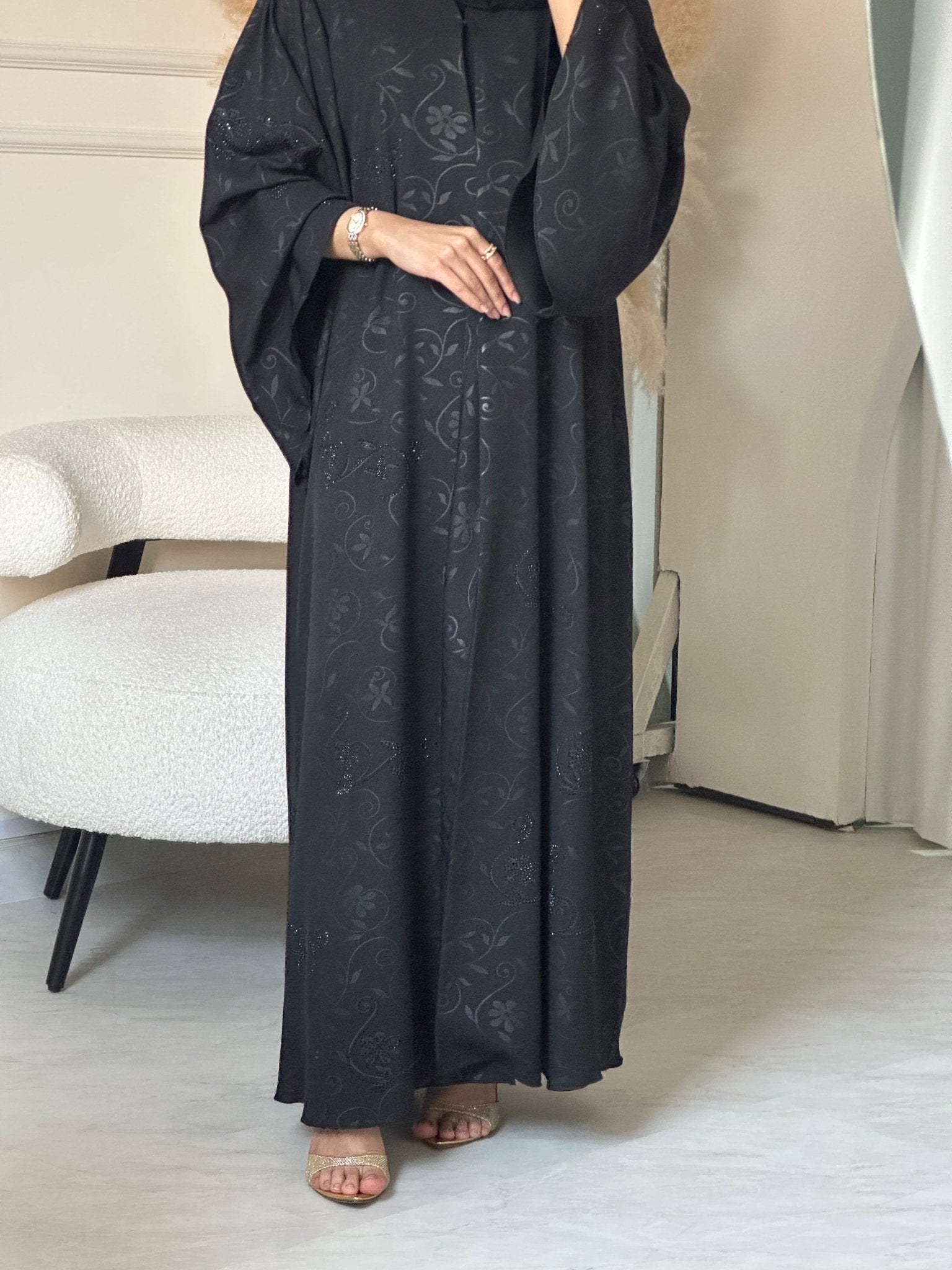 C 0849 Black Floral Printed Abaya