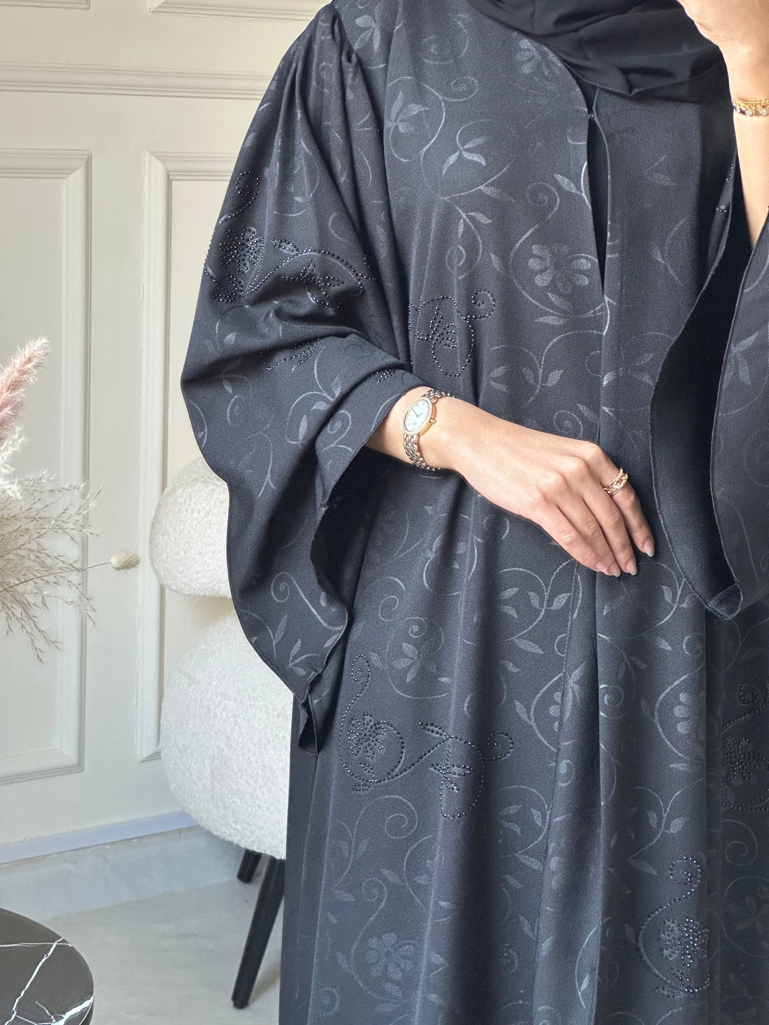 C 0849 Black Floral Printed Abaya