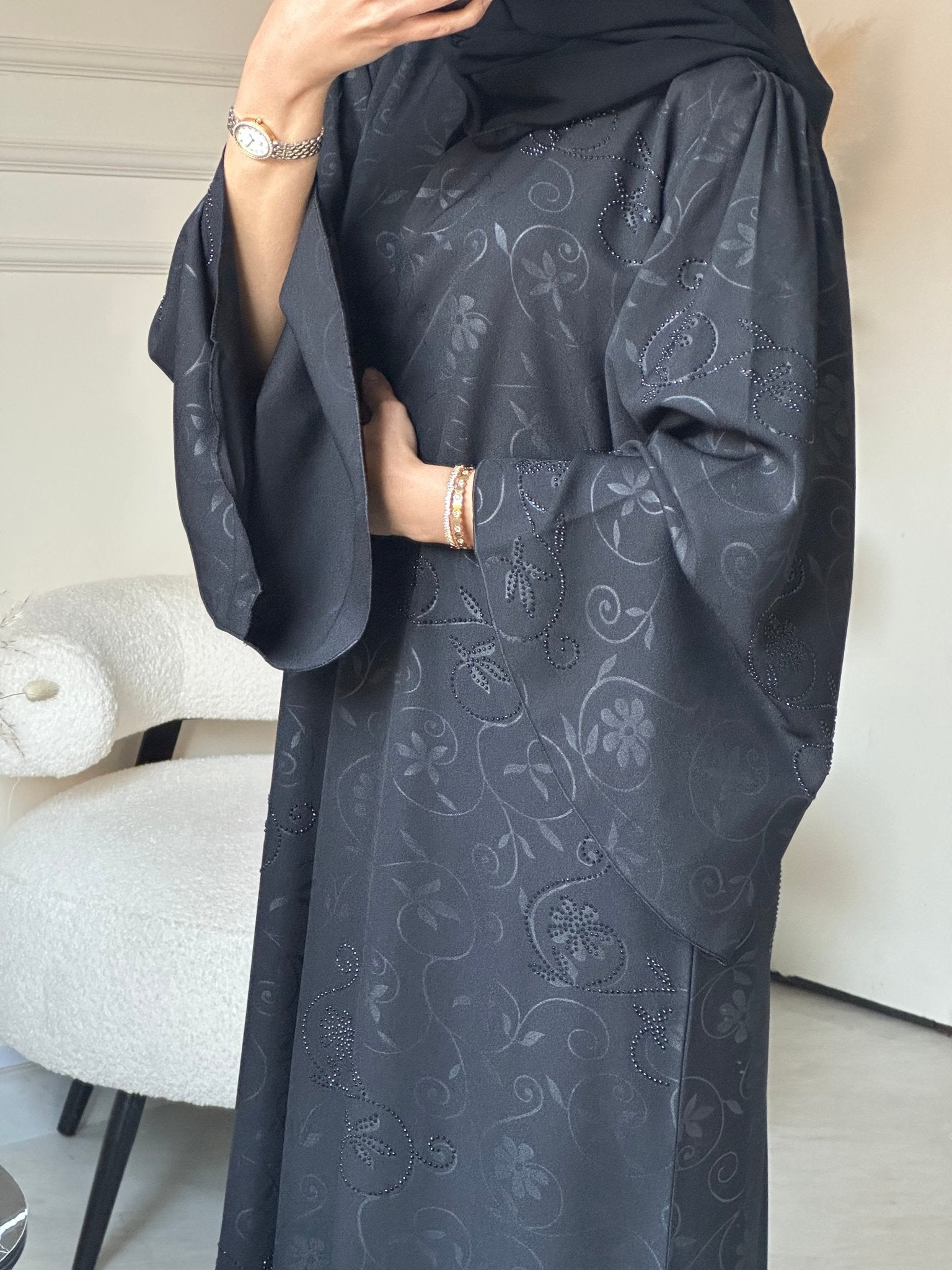 C 0849 Black Floral Printed Abaya