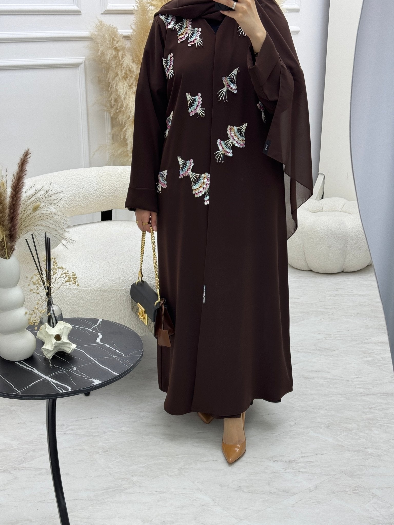 C 0923 Deep Brown Beaded Eid Abaya
