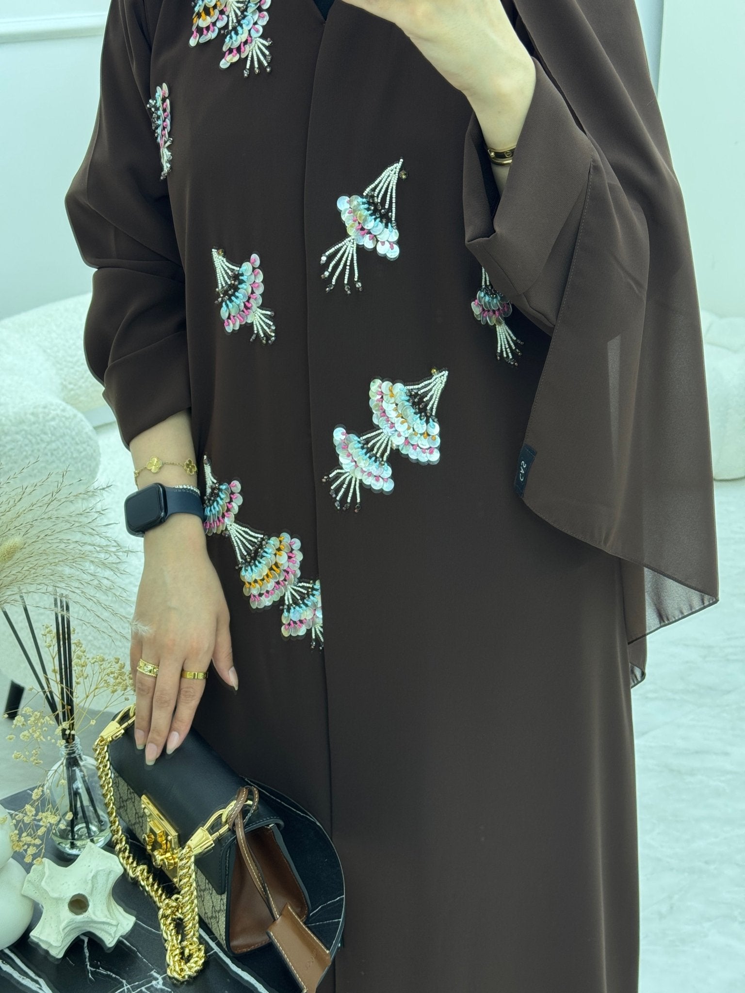 C 0923 Deep Brown Beaded Eid Abaya