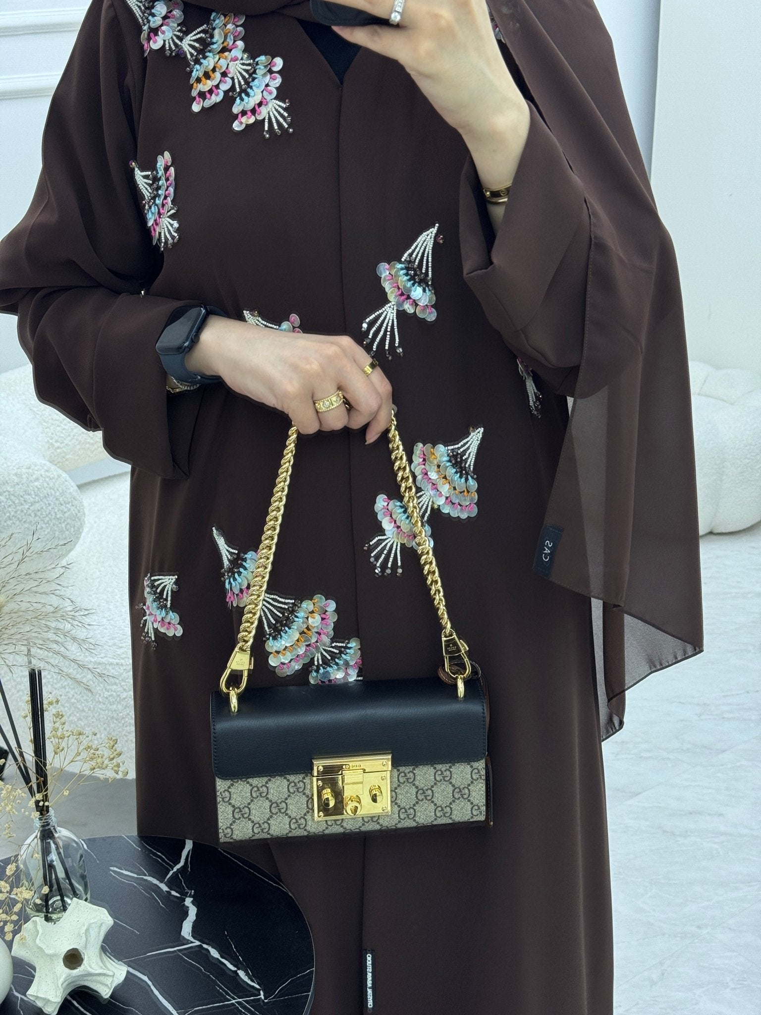 C 0923 Deep Brown Beaded Eid Abaya