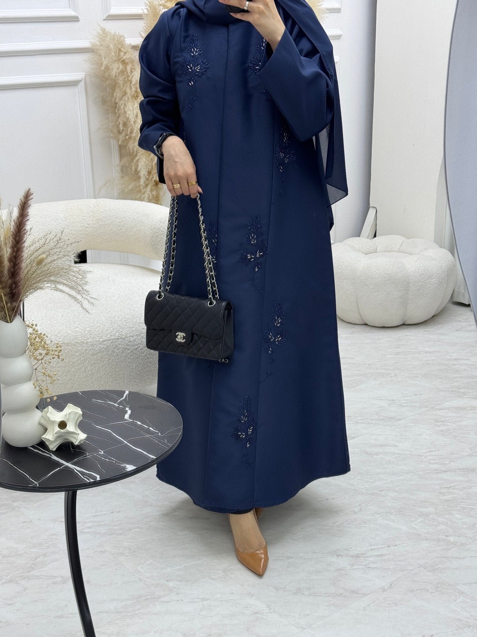 C 0924 Navy Blue Beaded Eid Abaya