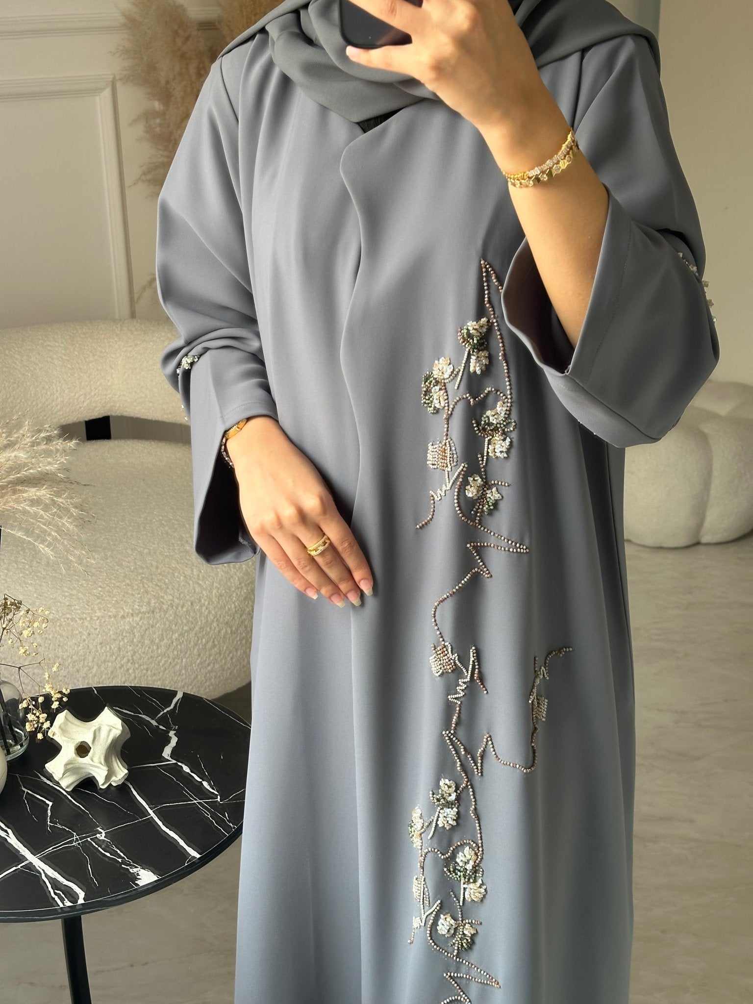 C 0927 Grey Beaded Eid Abaya