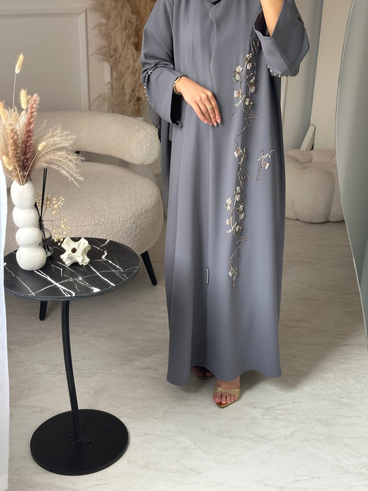 C 0927 Grey Beaded Eid Abaya