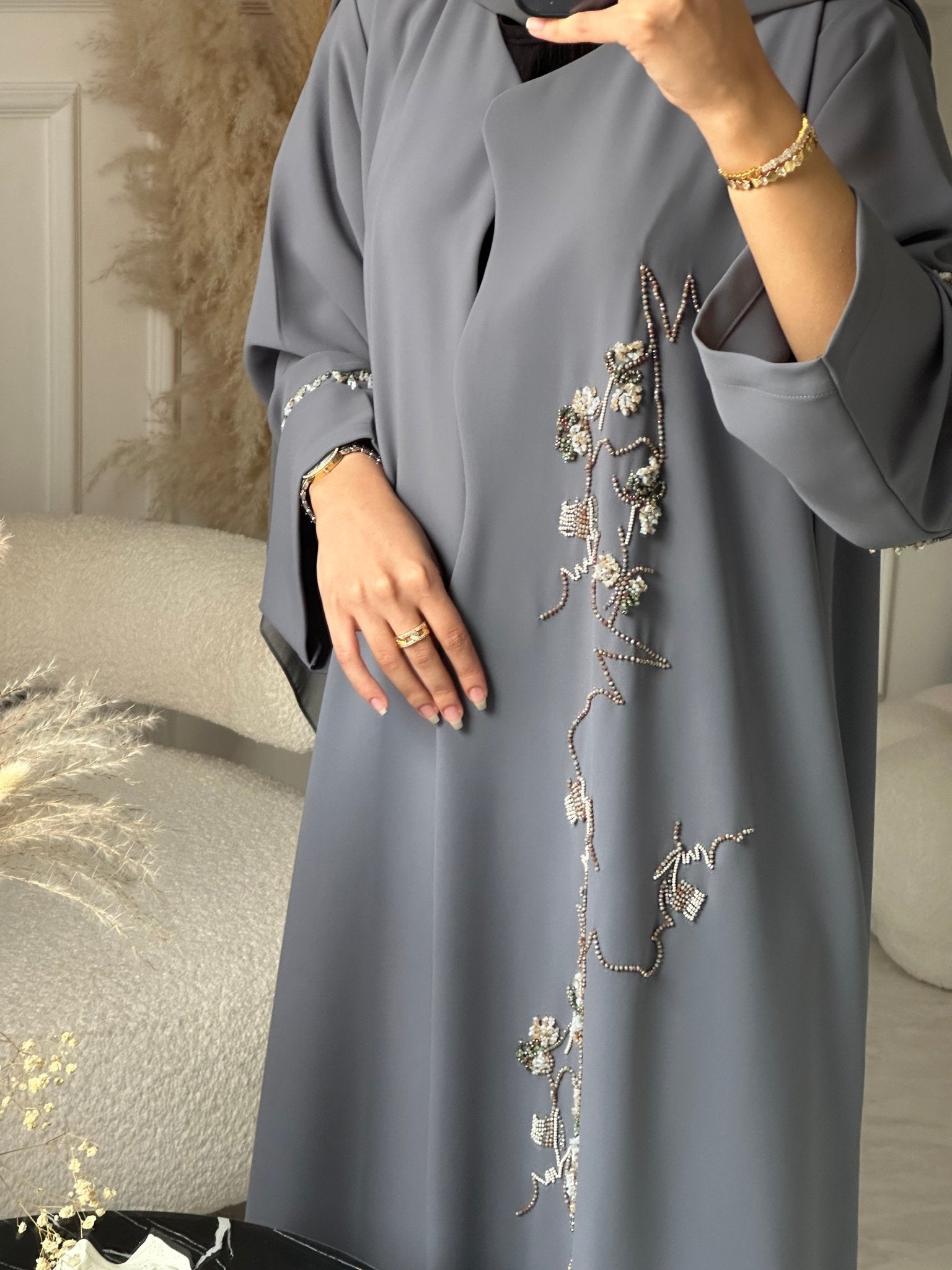 C 0927 Grey Beaded Eid Abaya