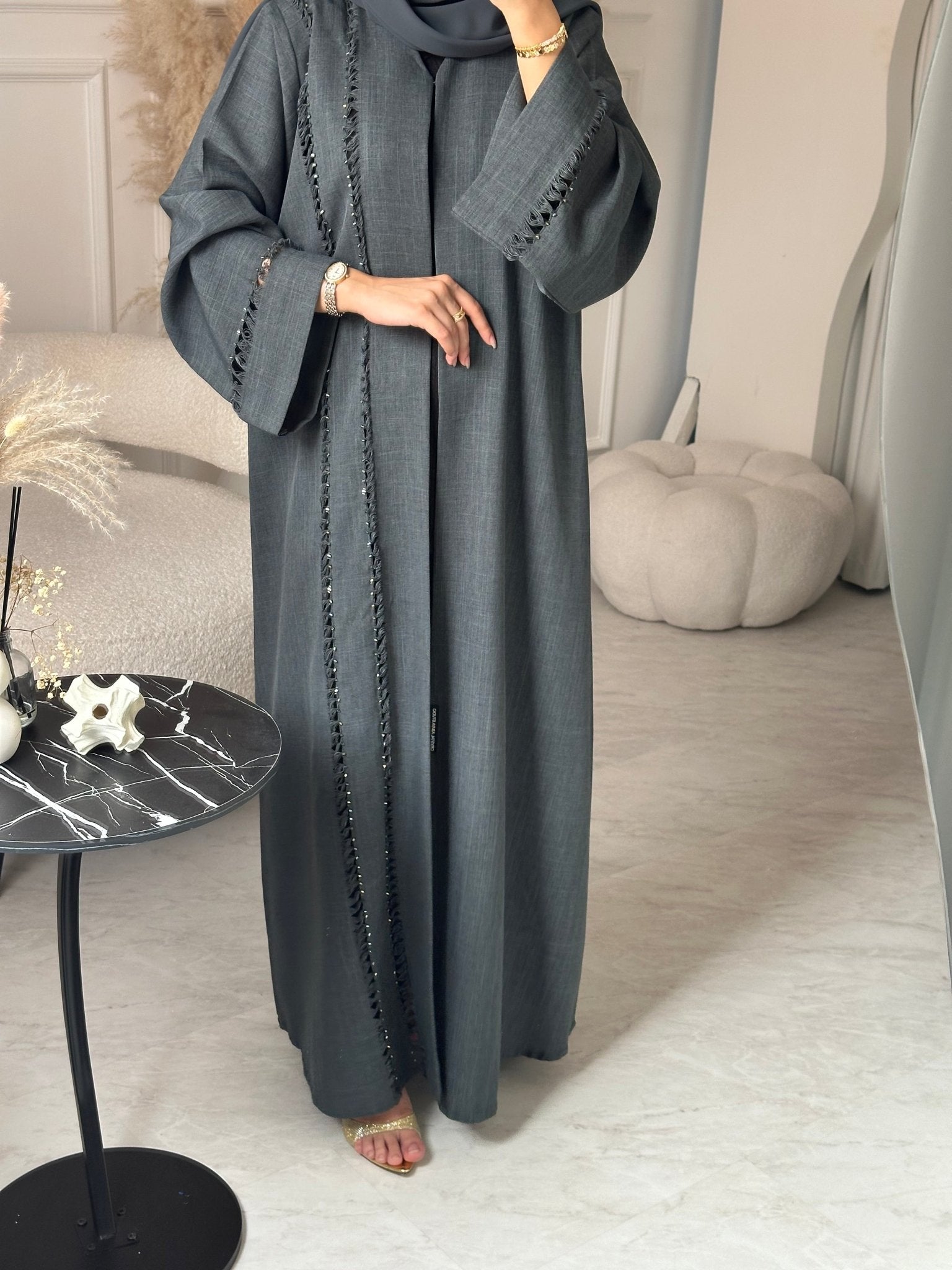 C 0930 Grey Beaded Eid Abaya
