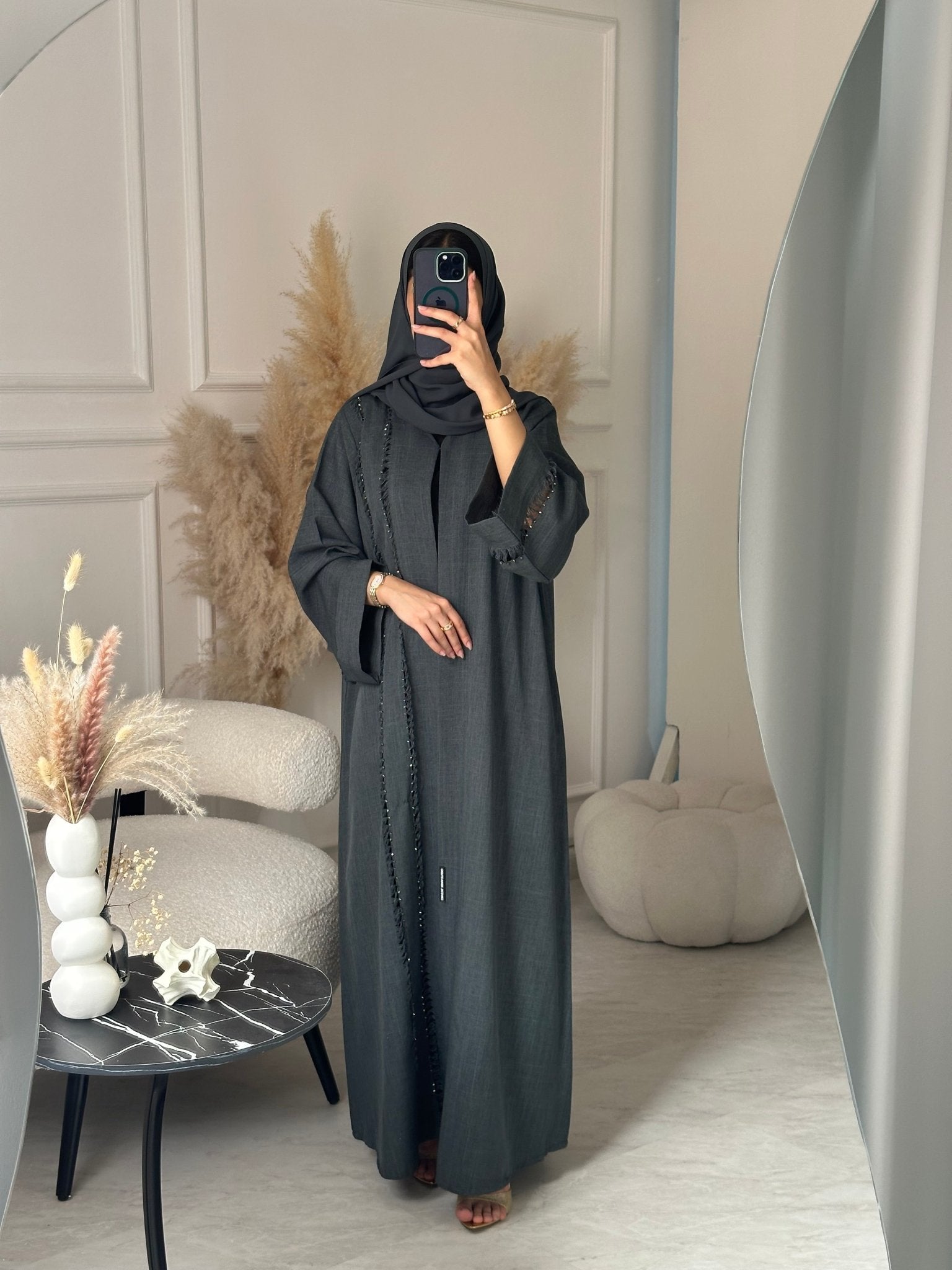 C 0930 Grey Beaded Eid Abaya