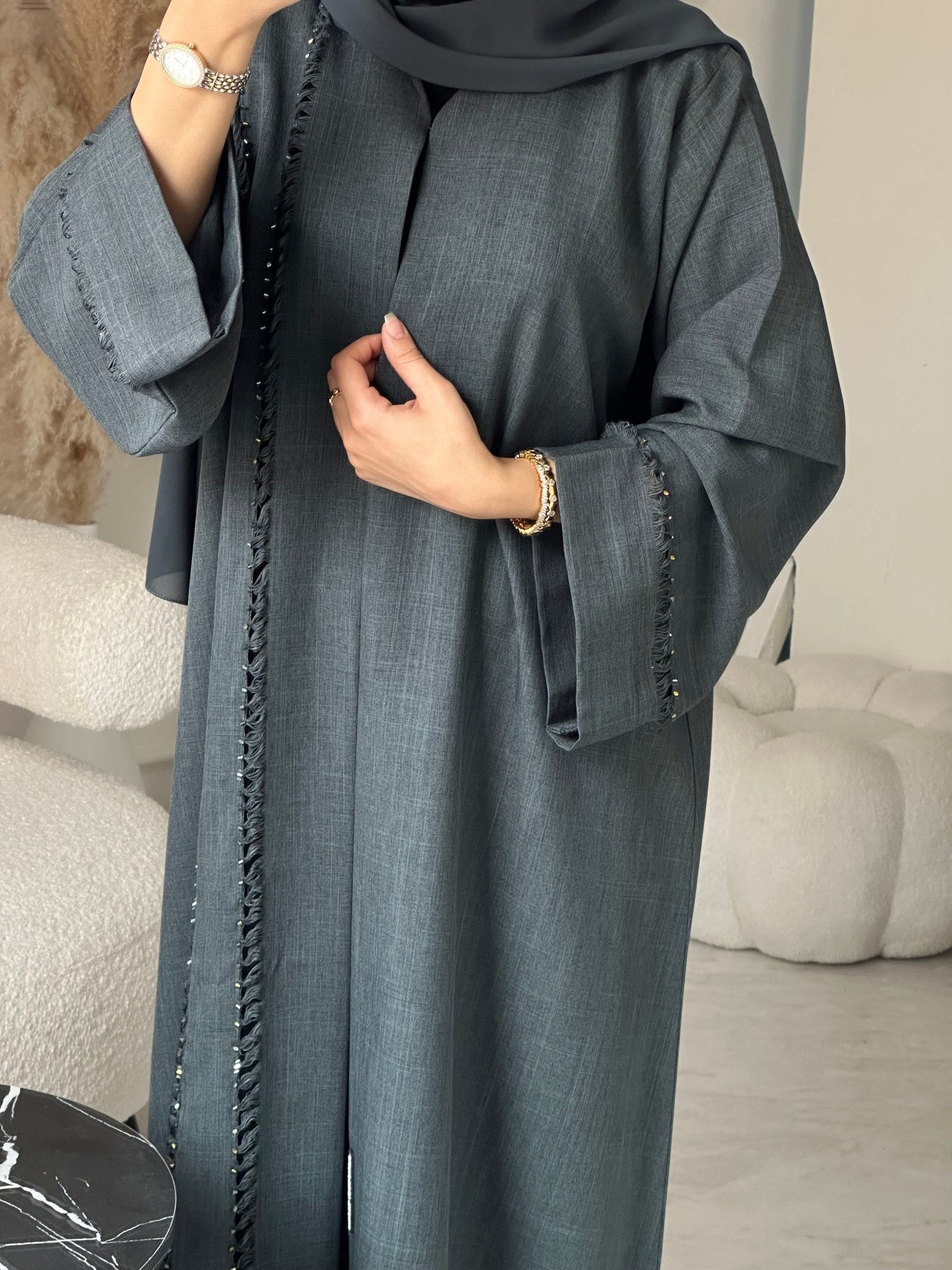 C 0930 Grey Beaded Eid Abaya