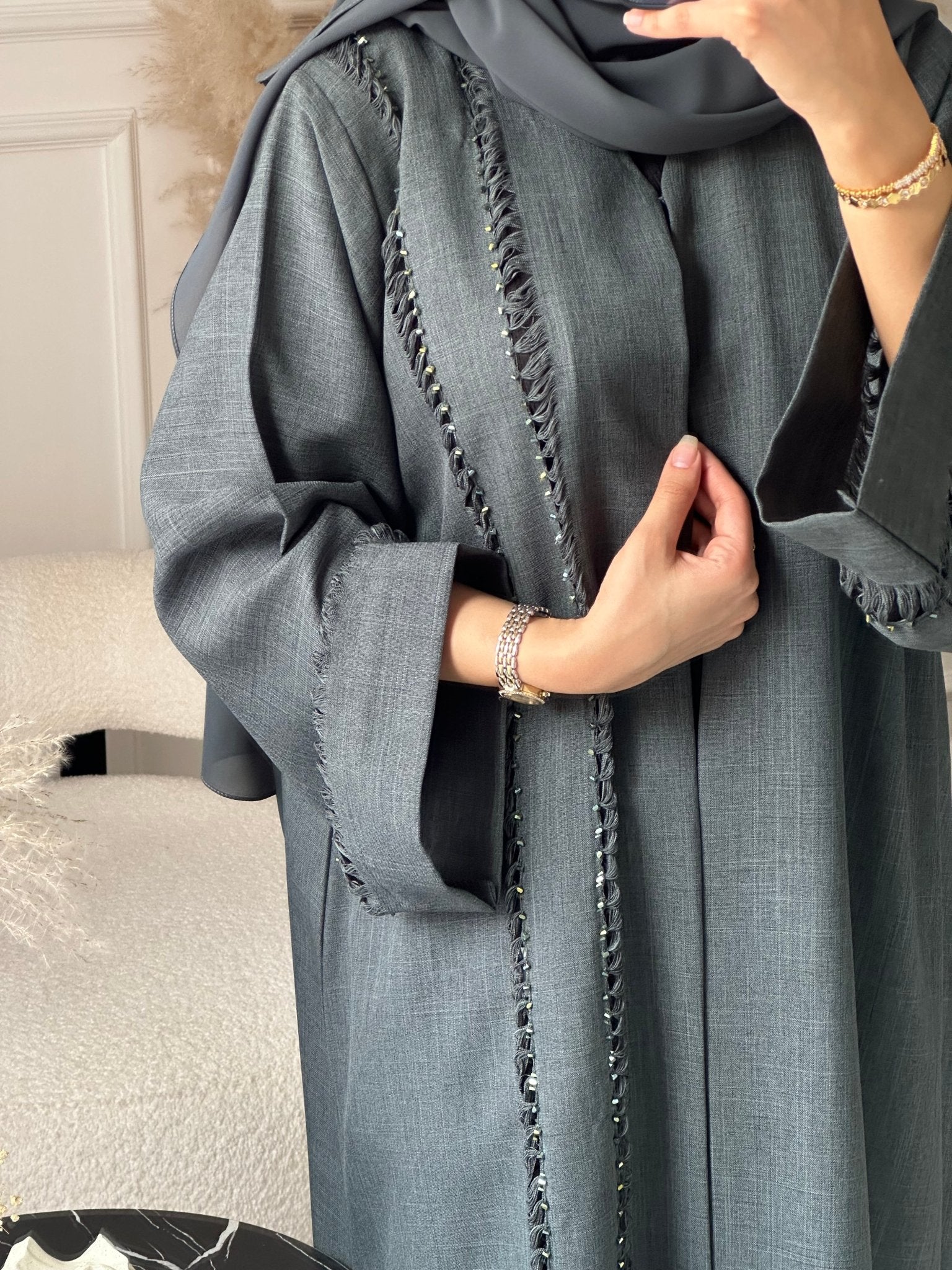 C 0930 Grey Beaded Eid Abaya