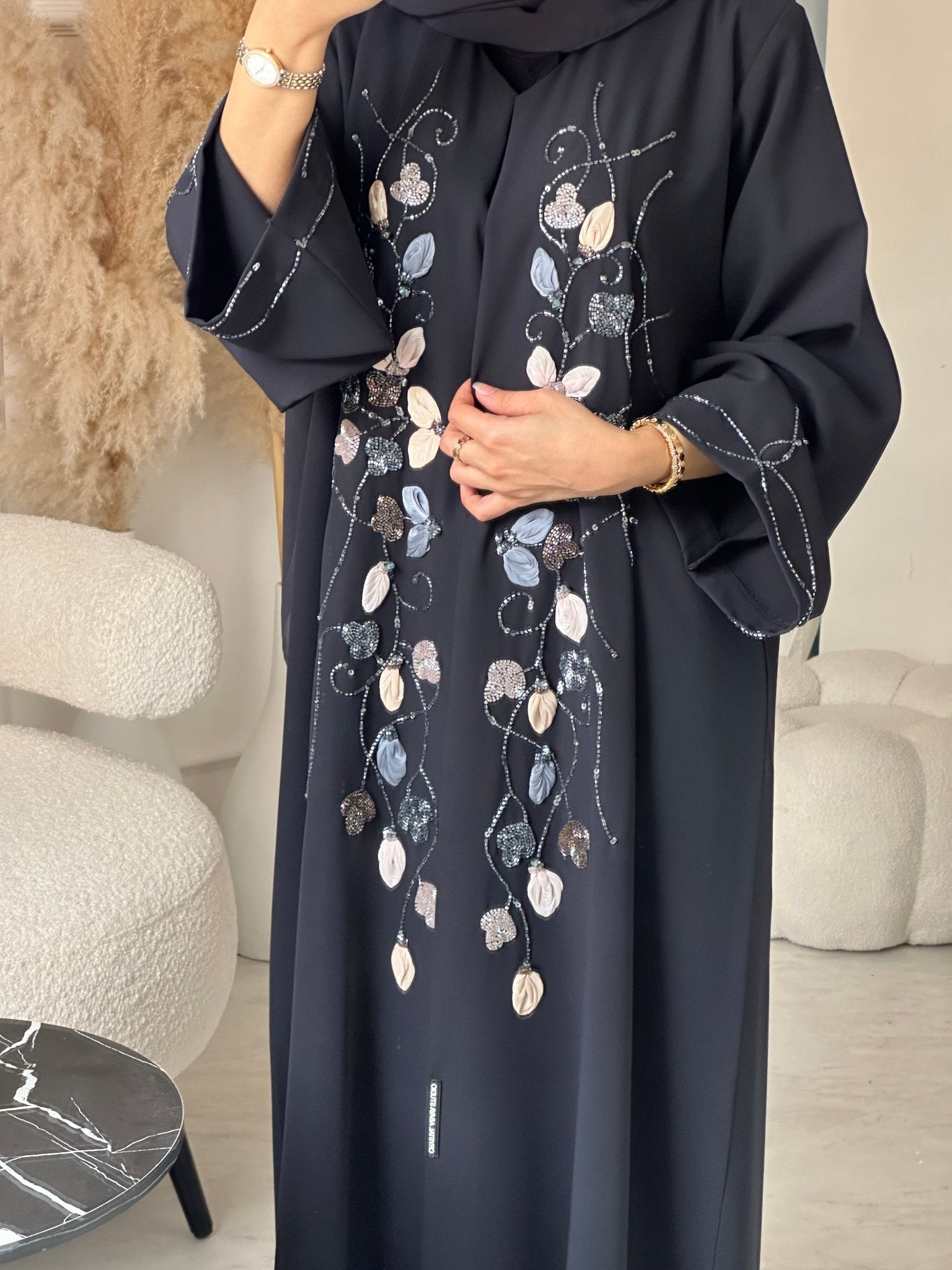 C 0932 Navy Blue Beaded Eid Abaya