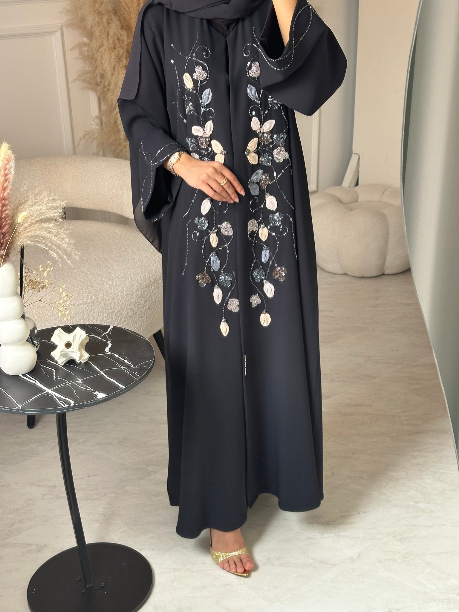 C 0932 Navy Blue Beaded Eid Abaya