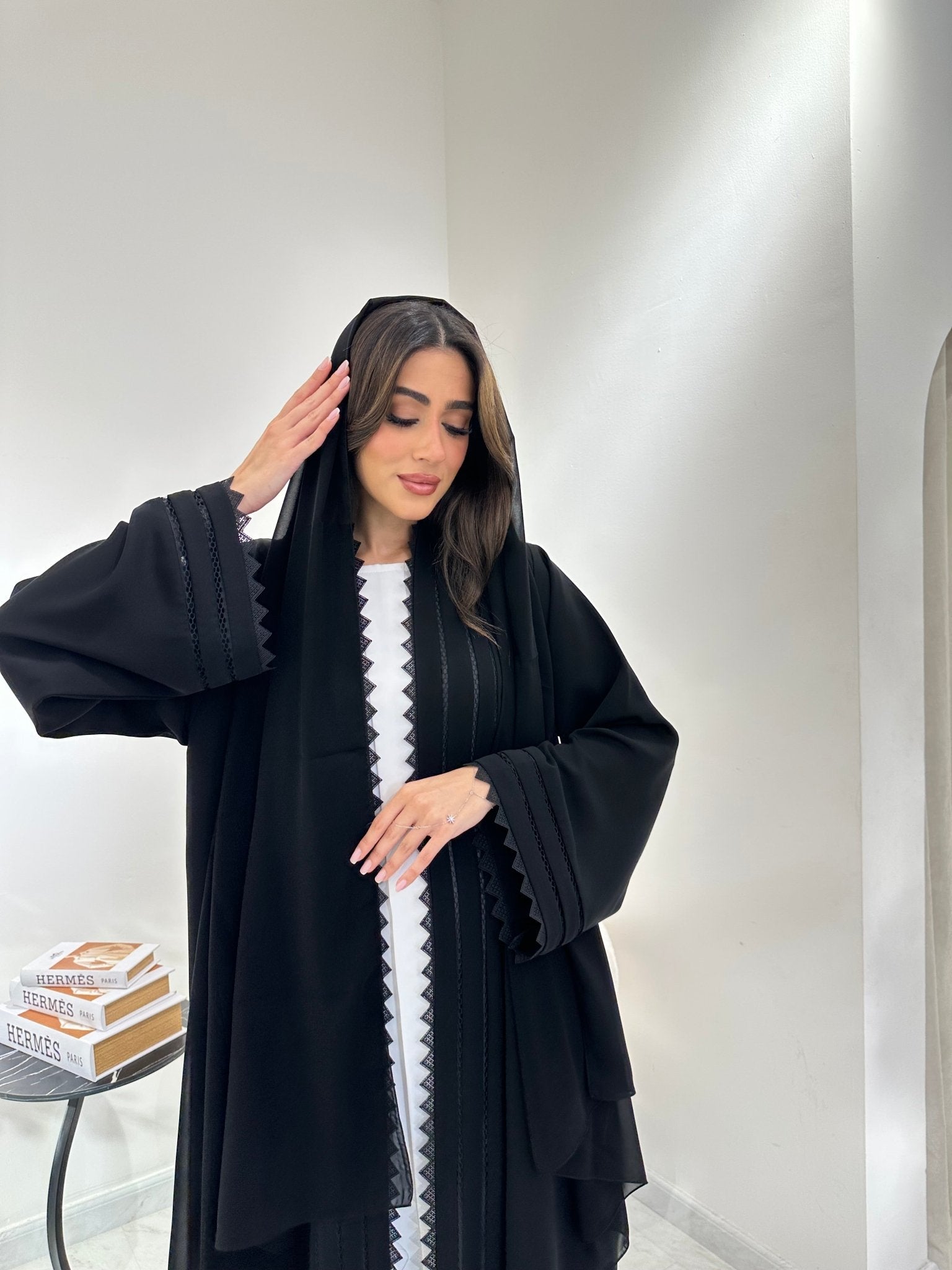 C 0971 Black Lace Pleated Abaya