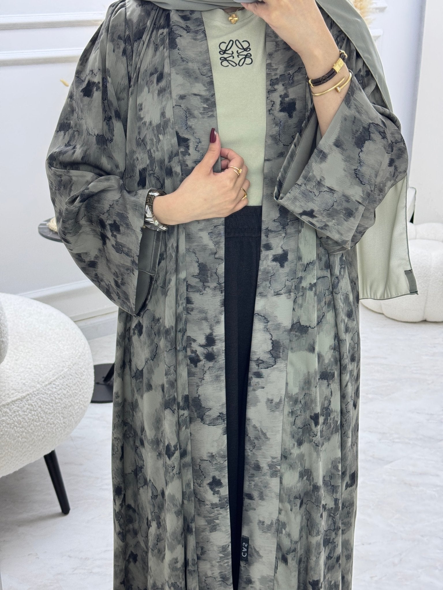 C 1007 - 02 Sage Green Printed Abaya