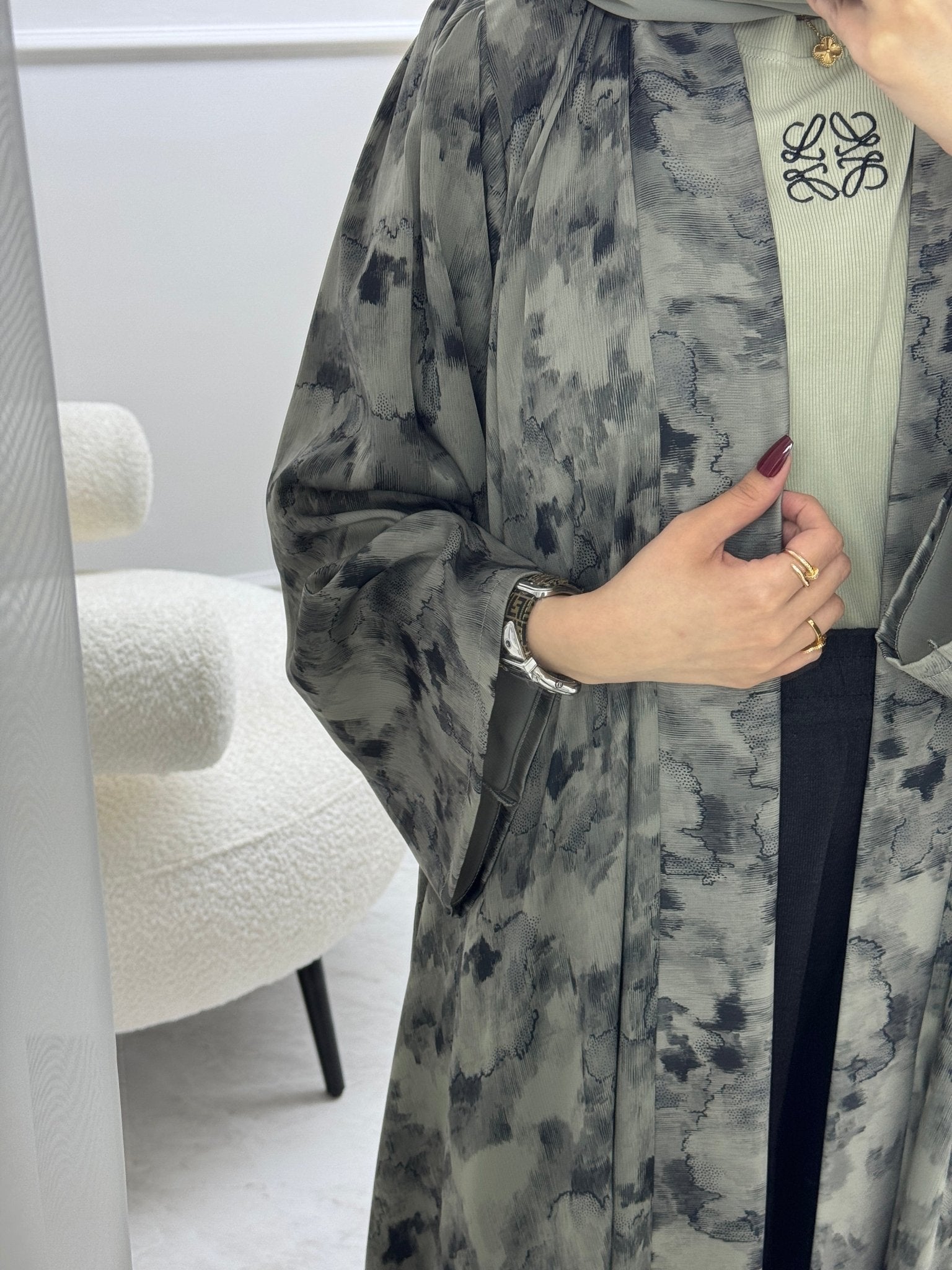 C 1007 - 02 Sage Green Printed Abaya