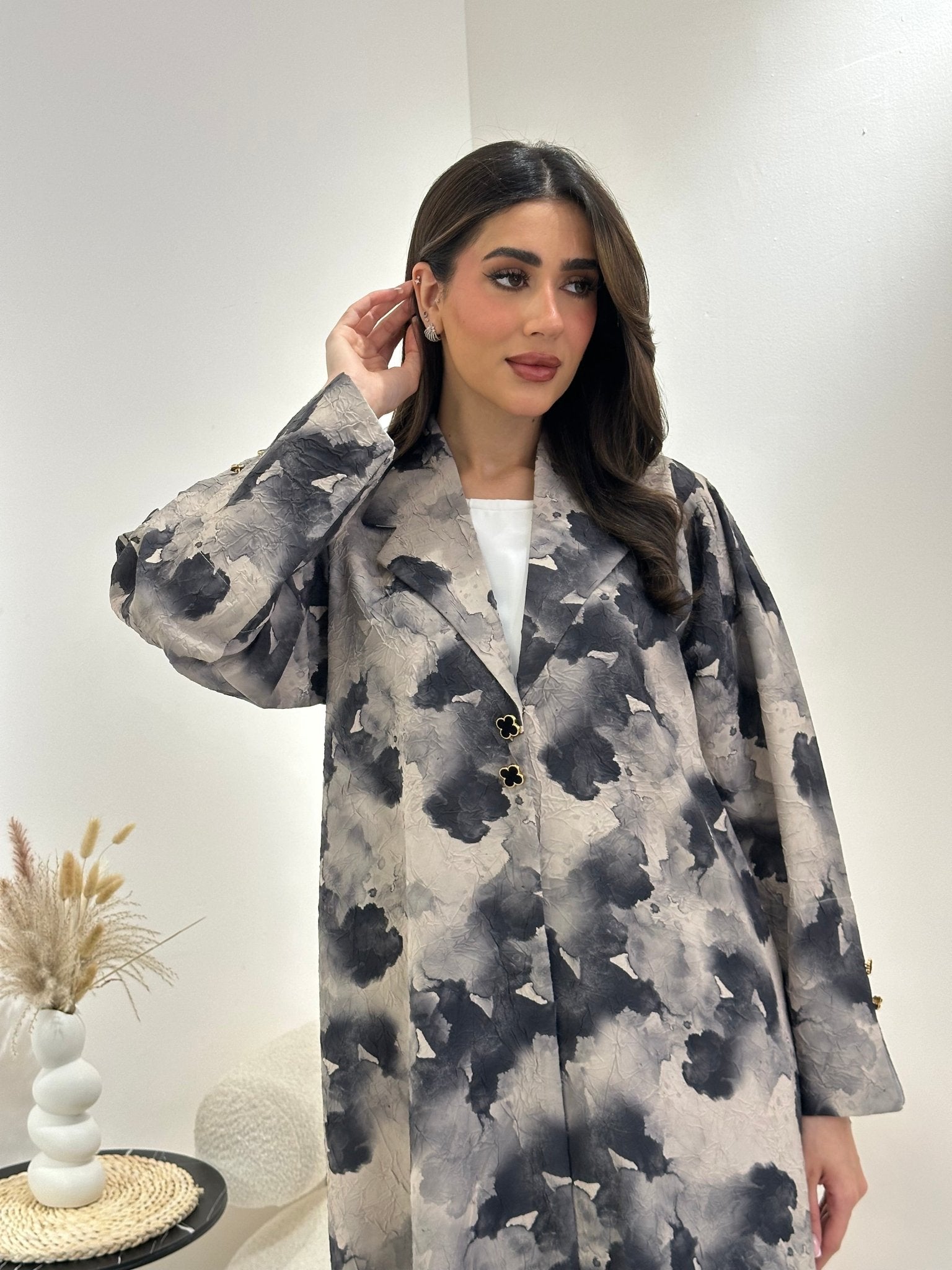 C 1025 Beige Black Printed Abaya