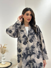 C 1025 Beige Black Printed Abaya
