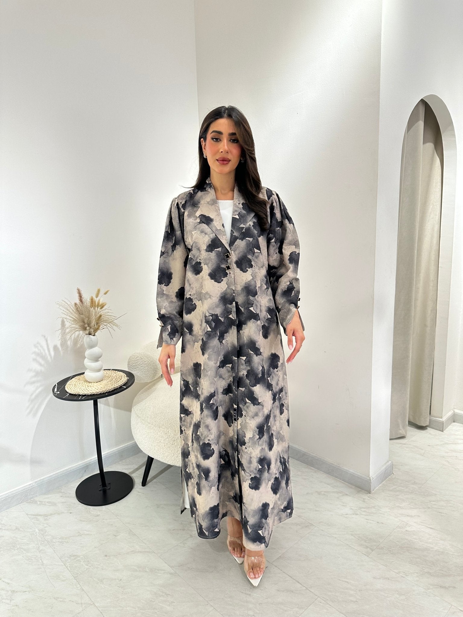 C 1025 Beige Black Printed Abaya