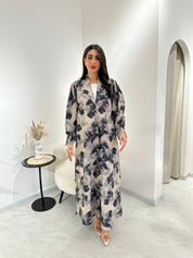 C 1025 Beige Black Printed Abaya