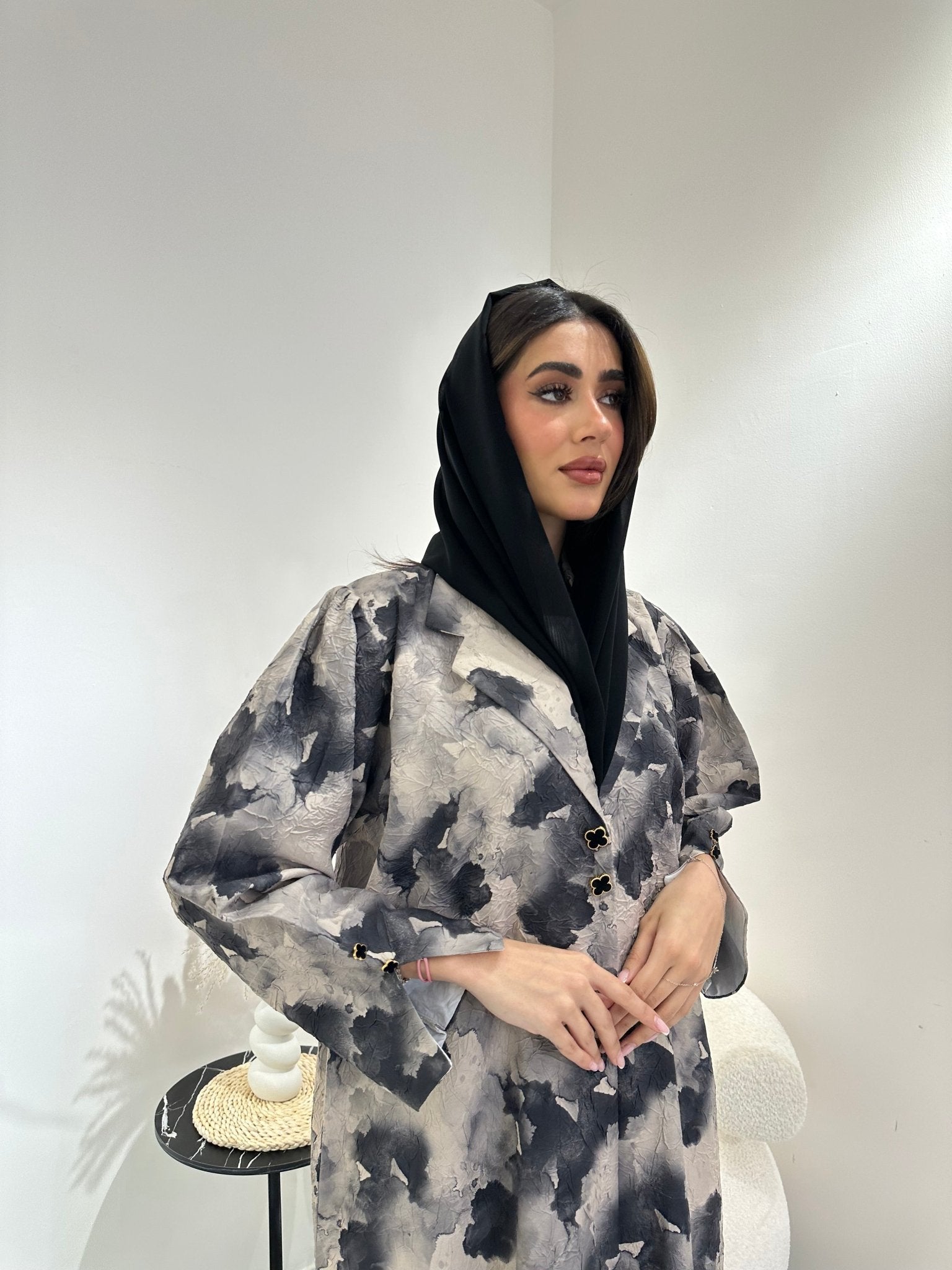 C 1025 Beige Black Printed Abaya