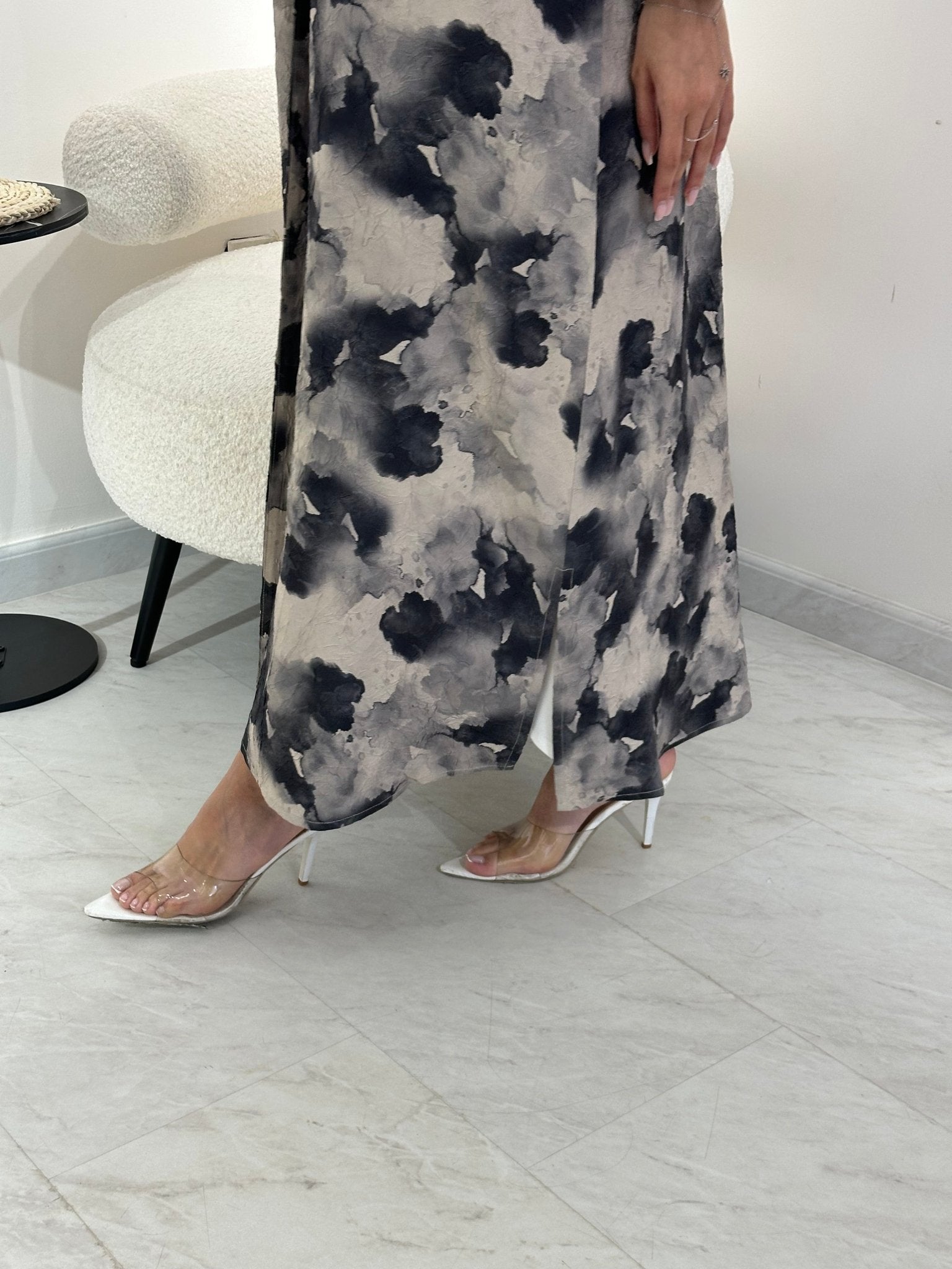 C 1025 Beige Black Printed Abaya
