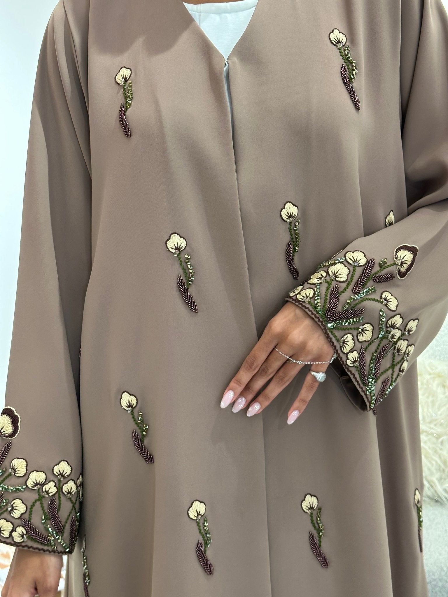 C 1049 Beige Beaded Abaya