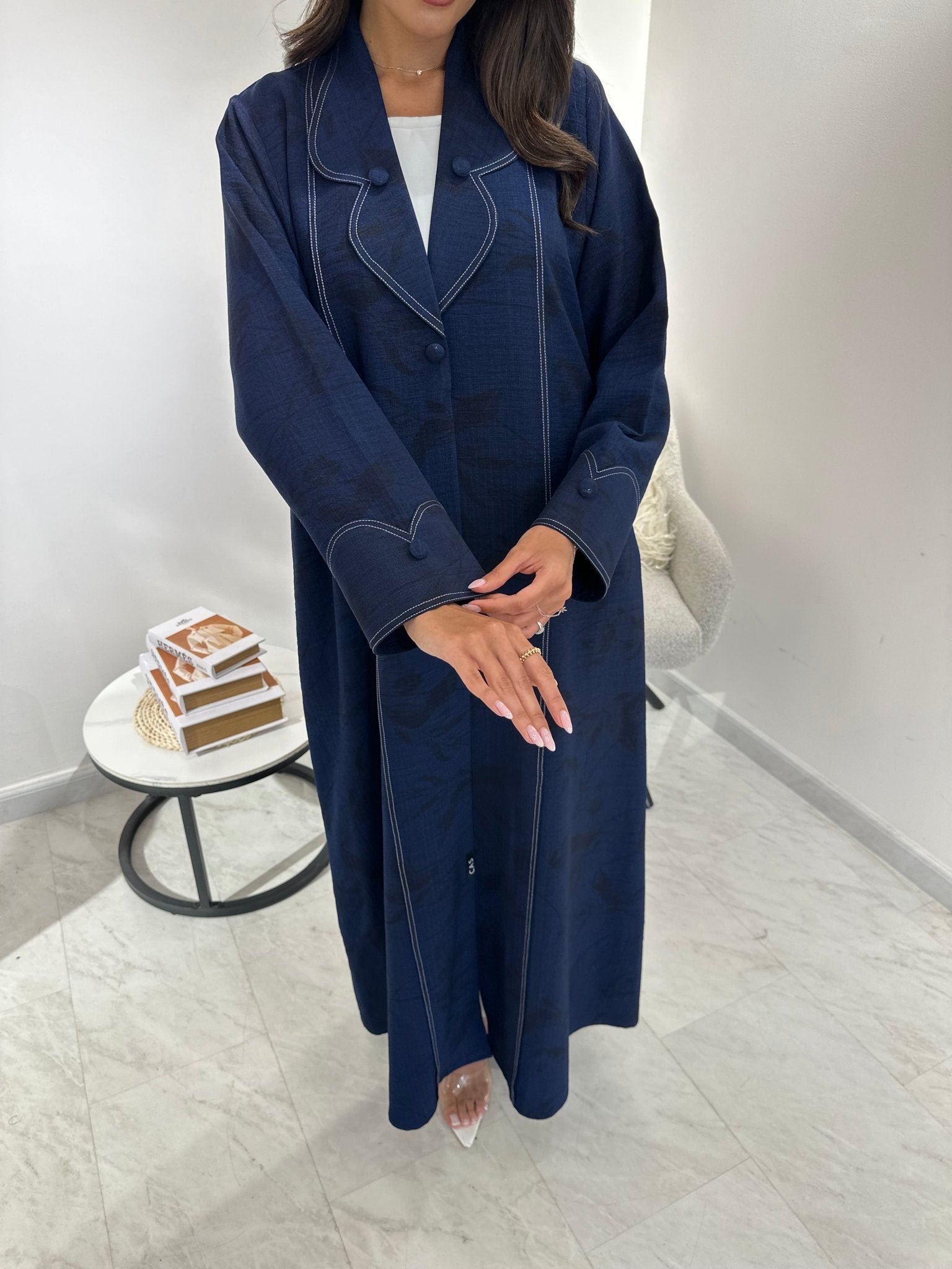 C 1050 Printed Navy Blue Coat Abaya