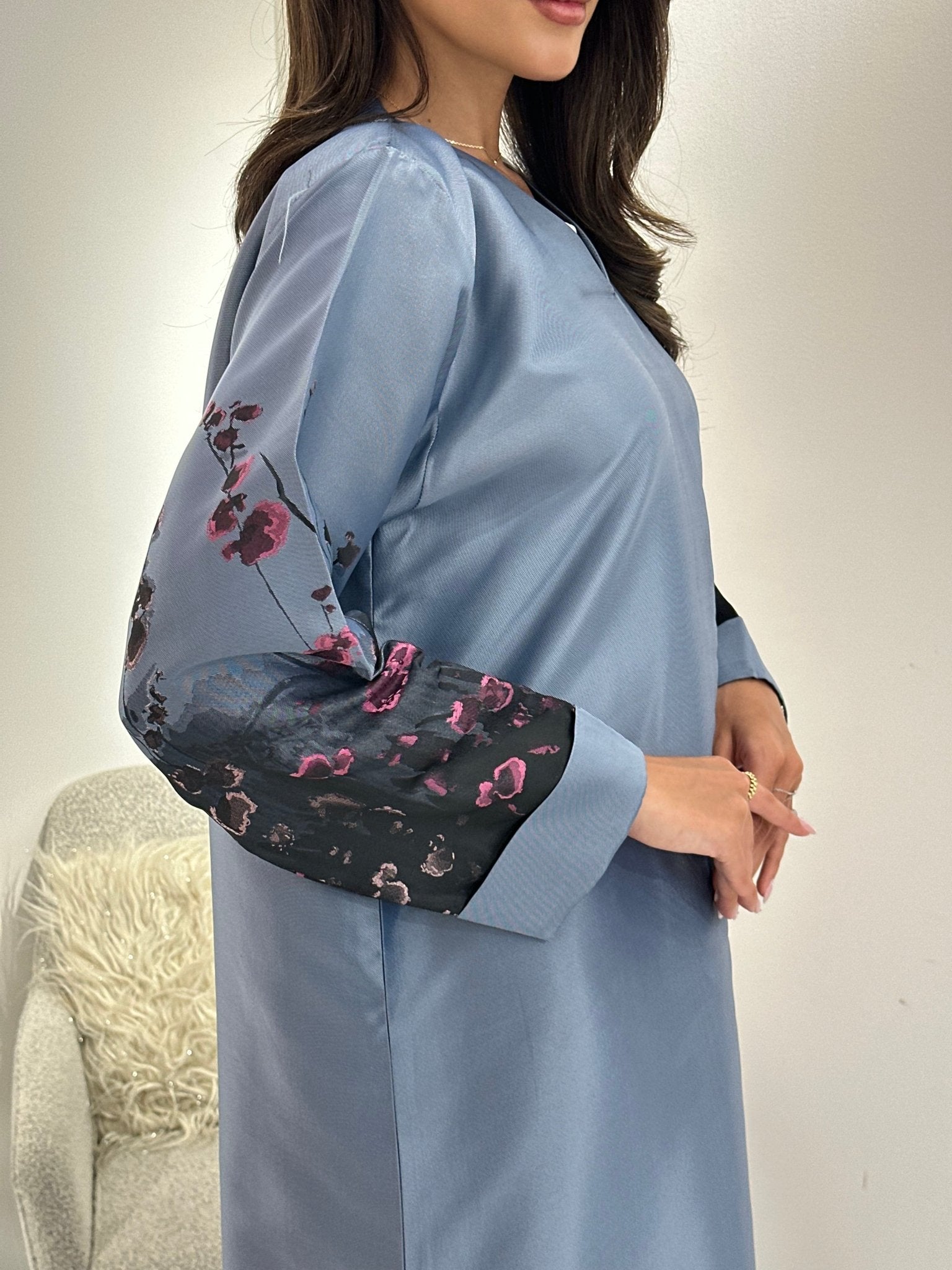 C 1051 Beaded Printed Blue Abaya